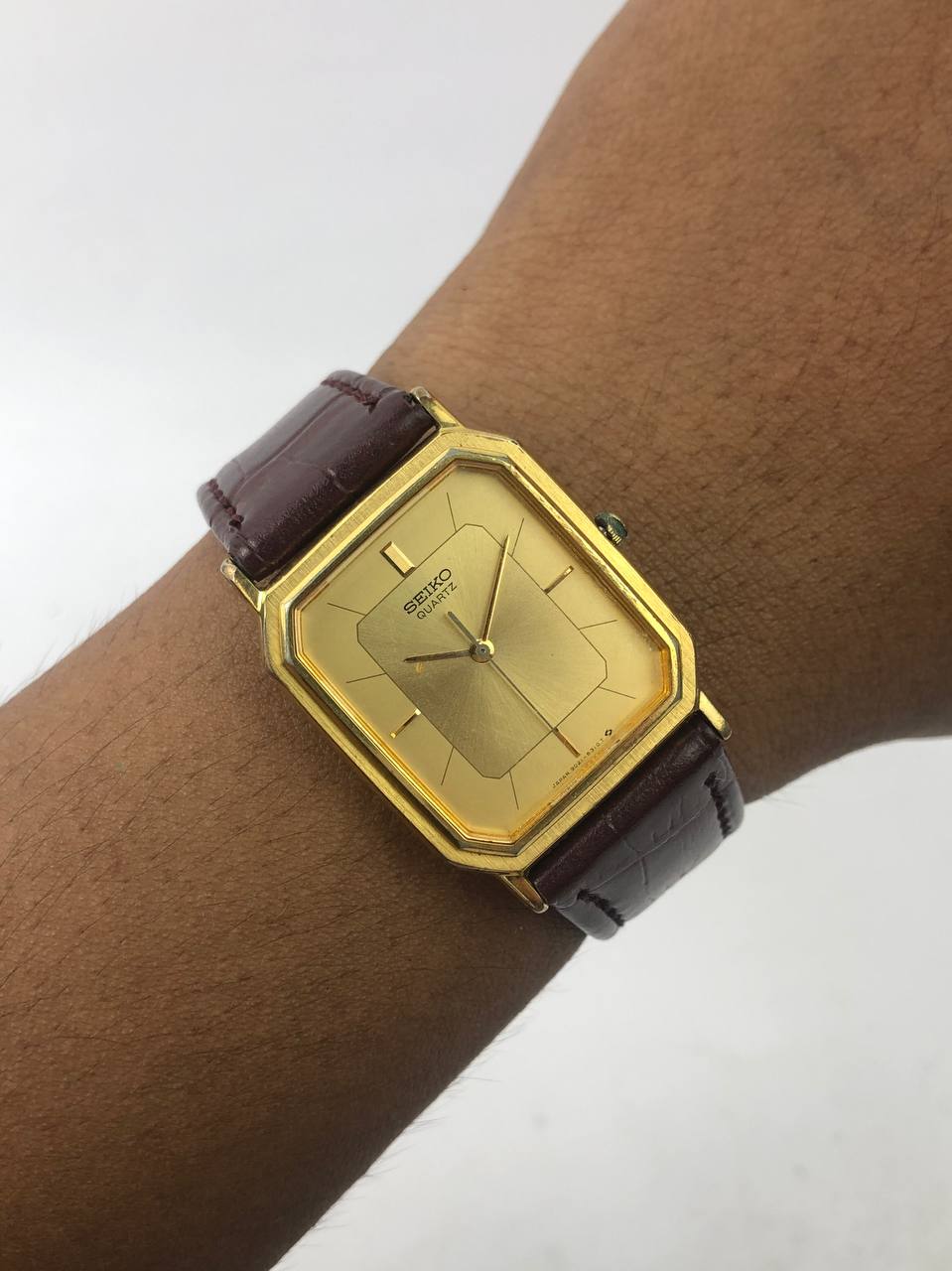 SEIKO Quartz Octagon Gold Case, Brushed Gold Dial, Brown strap Classy