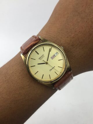 SEIKO Chronos Gold Day-Date Dress, Cream texture Dial, Brown strap
