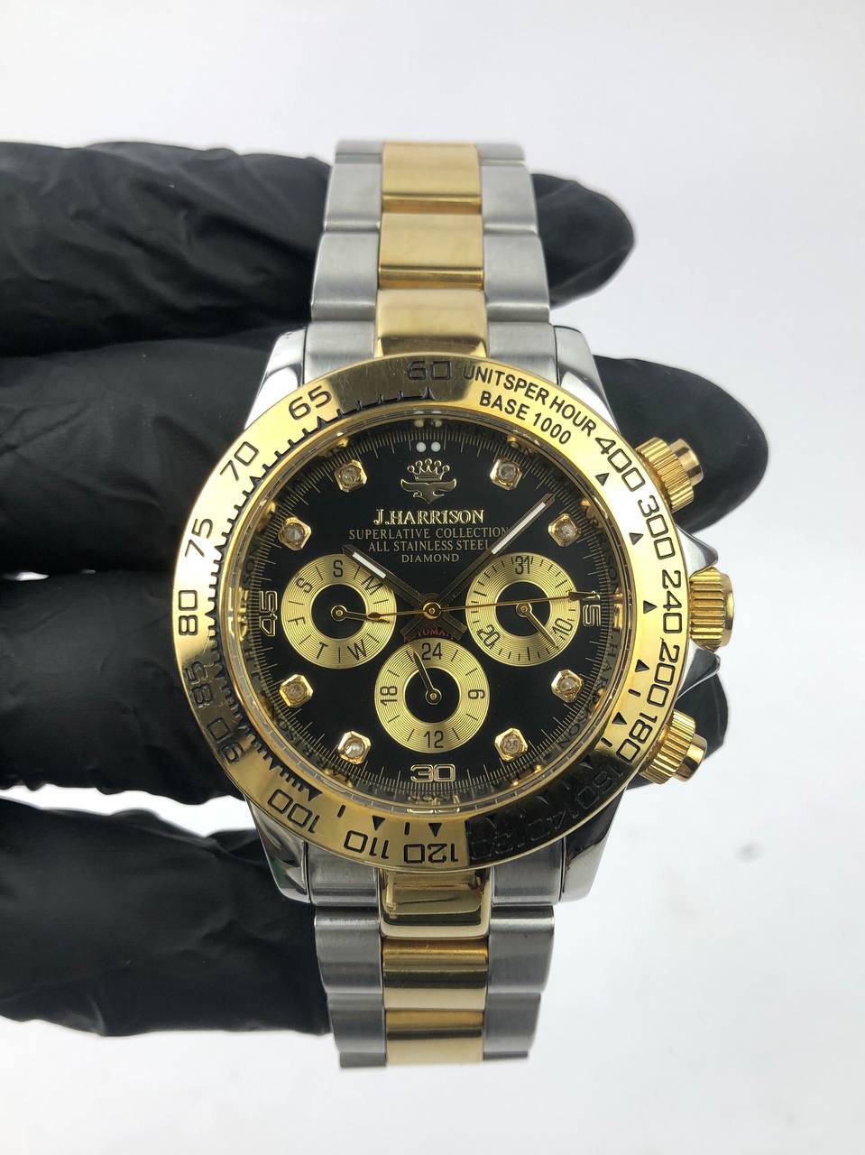 J HARRISON ROUND TWO TONE DIAL BLACK GOLD CHRONO BRACELET TWO TONE - Gambar 2