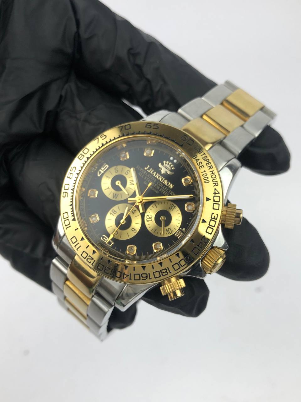 J HARRISON ROUND TWO TONE DIAL BLACK GOLD CHRONO BRACELET TWO TONE - Gambar 3