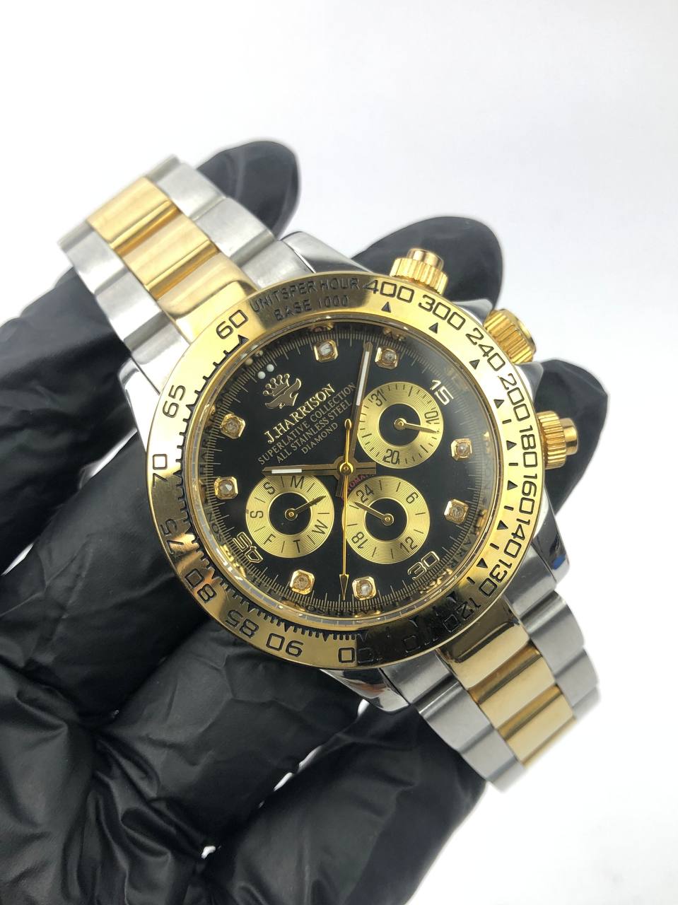 J HARRISON ROUND TWO TONE DIAL BLACK GOLD CHRONO BRACELET TWO TONE - Gambar 4