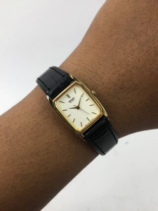SEIKO RECTANGULAR GOLD DIAL CREAM CLEAN STRAP HITAM