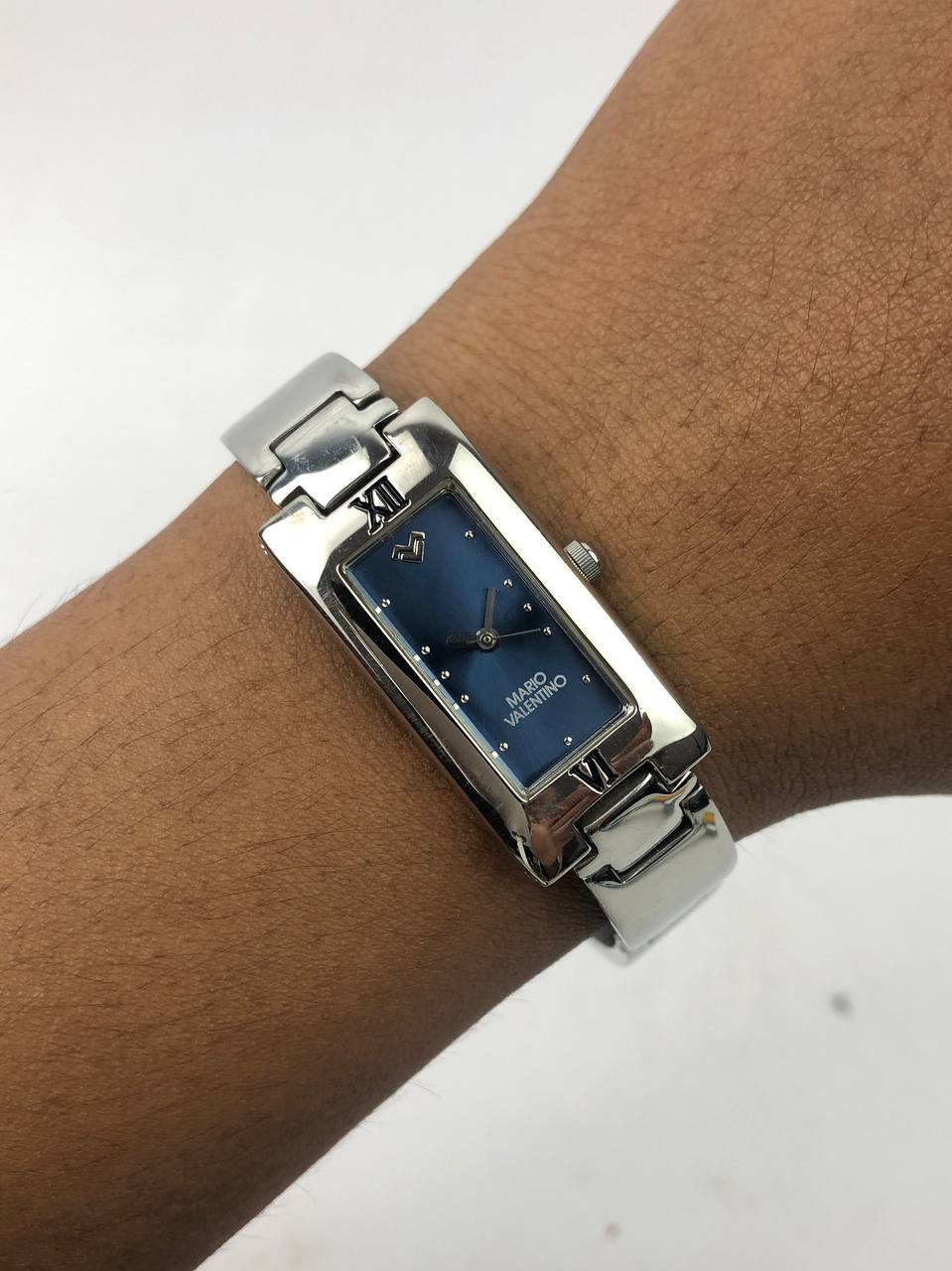 MARIO VALENTINO RECTANGULAR SILVER DIAL BLUE ELEGAN BRACELET SILVER
