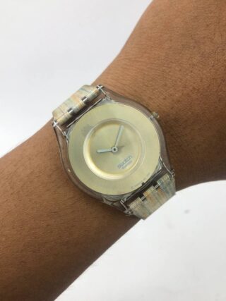 SWATCH ROUND TRANSPARENT DIAL GOLD PASTEL STRAP KANVAS COLORFUL