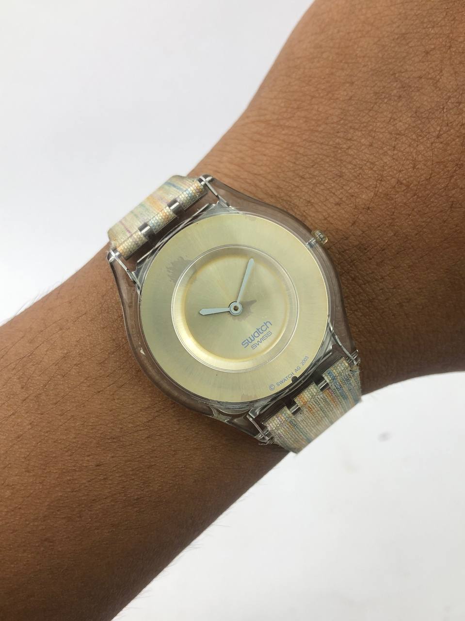 SWATCH ROUND TRANSPARENT DIAL GOLD PASTEL STRAP KANVAS COLORFUL