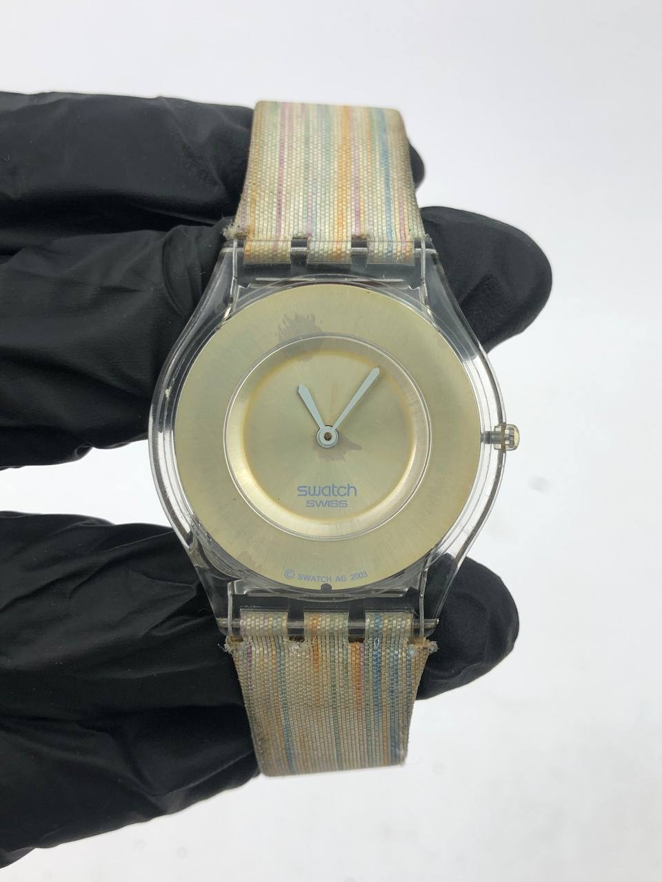 SWATCH ROUND TRANSPARENT DIAL GOLD PASTEL STRAP KANVAS COLORFUL - Gambar 2