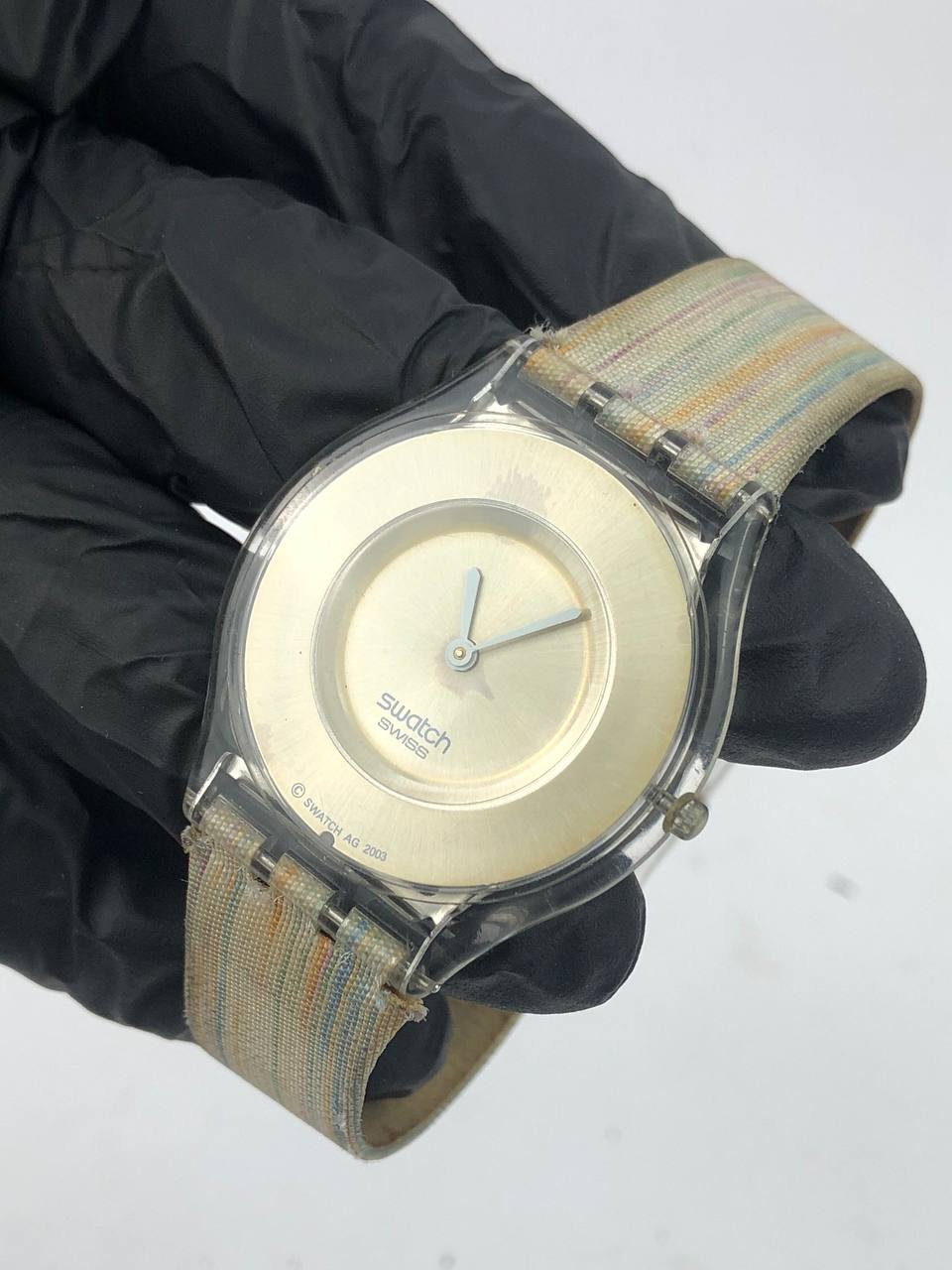 SWATCH ROUND TRANSPARENT DIAL GOLD PASTEL STRAP KANVAS COLORFUL - Gambar 3