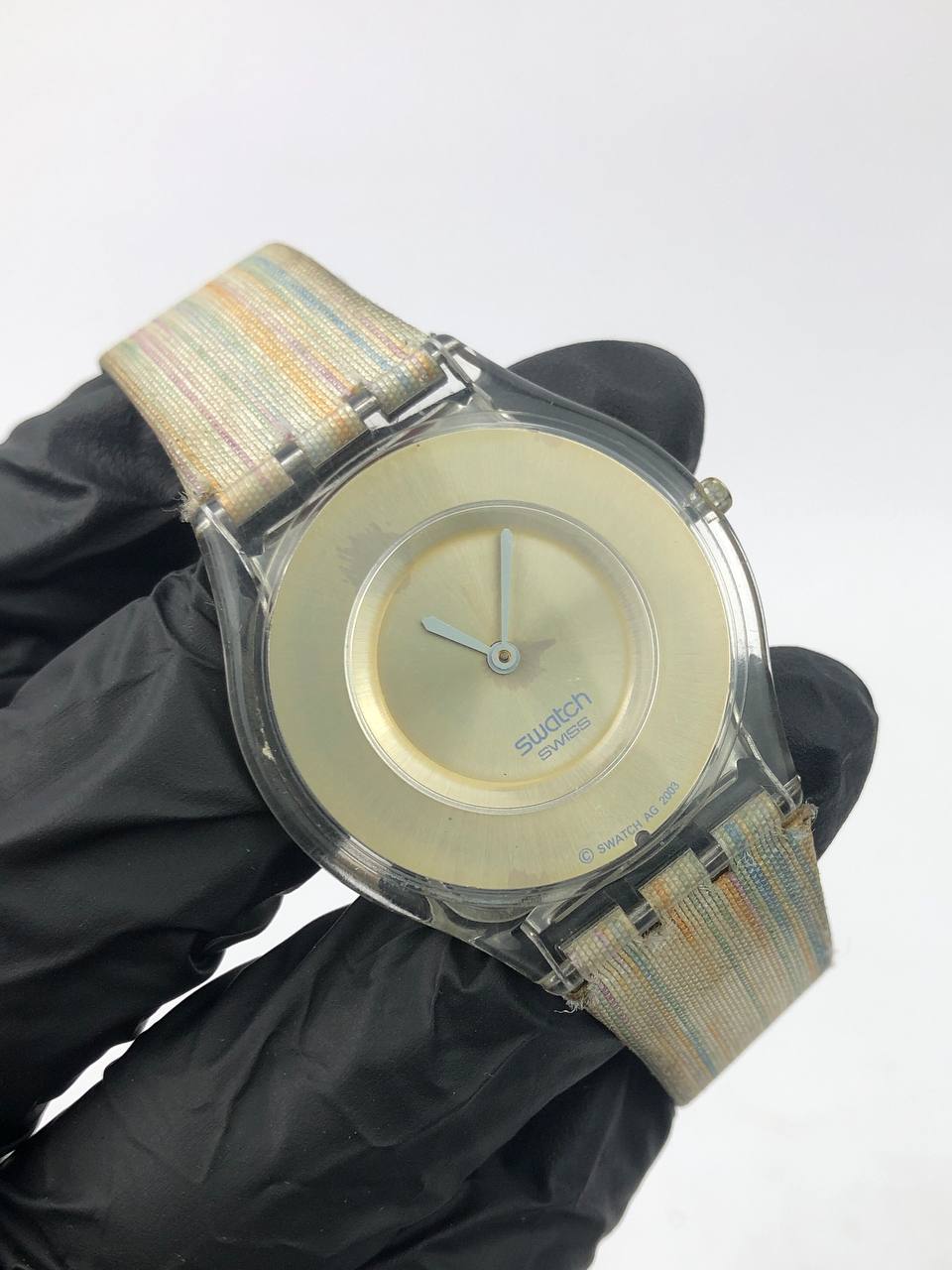 SWATCH ROUND TRANSPARENT DIAL GOLD PASTEL STRAP KANVAS COLORFUL - Gambar 4