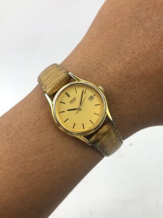 SEIKO ROUND GOLD DIAL CREAM SIMPLE STRAP COKLAT MUDA