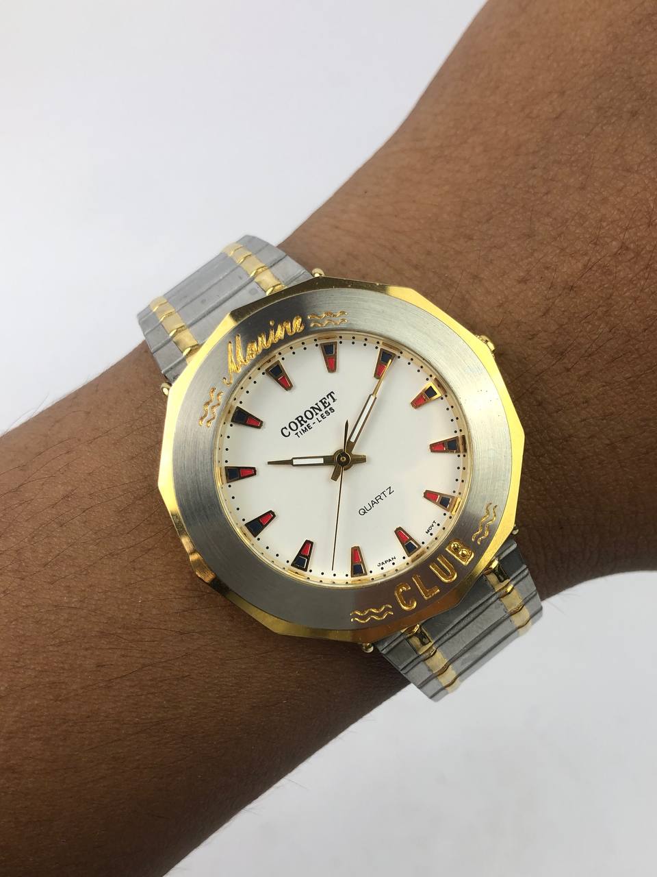 CORONET OCTAGON SPORT CASE COLOUR INDEX DIAL TWO-TONE STEEL BRACELET