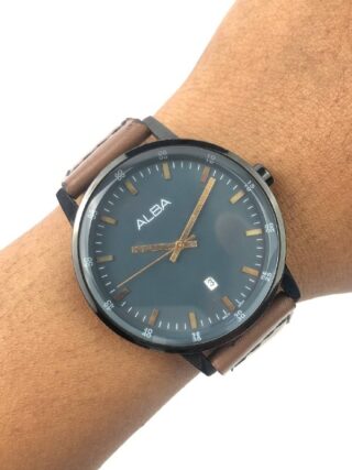 ALBA MAN ROUND BLACK CASE SMOKE BLUE DIAL BROWN STRAP