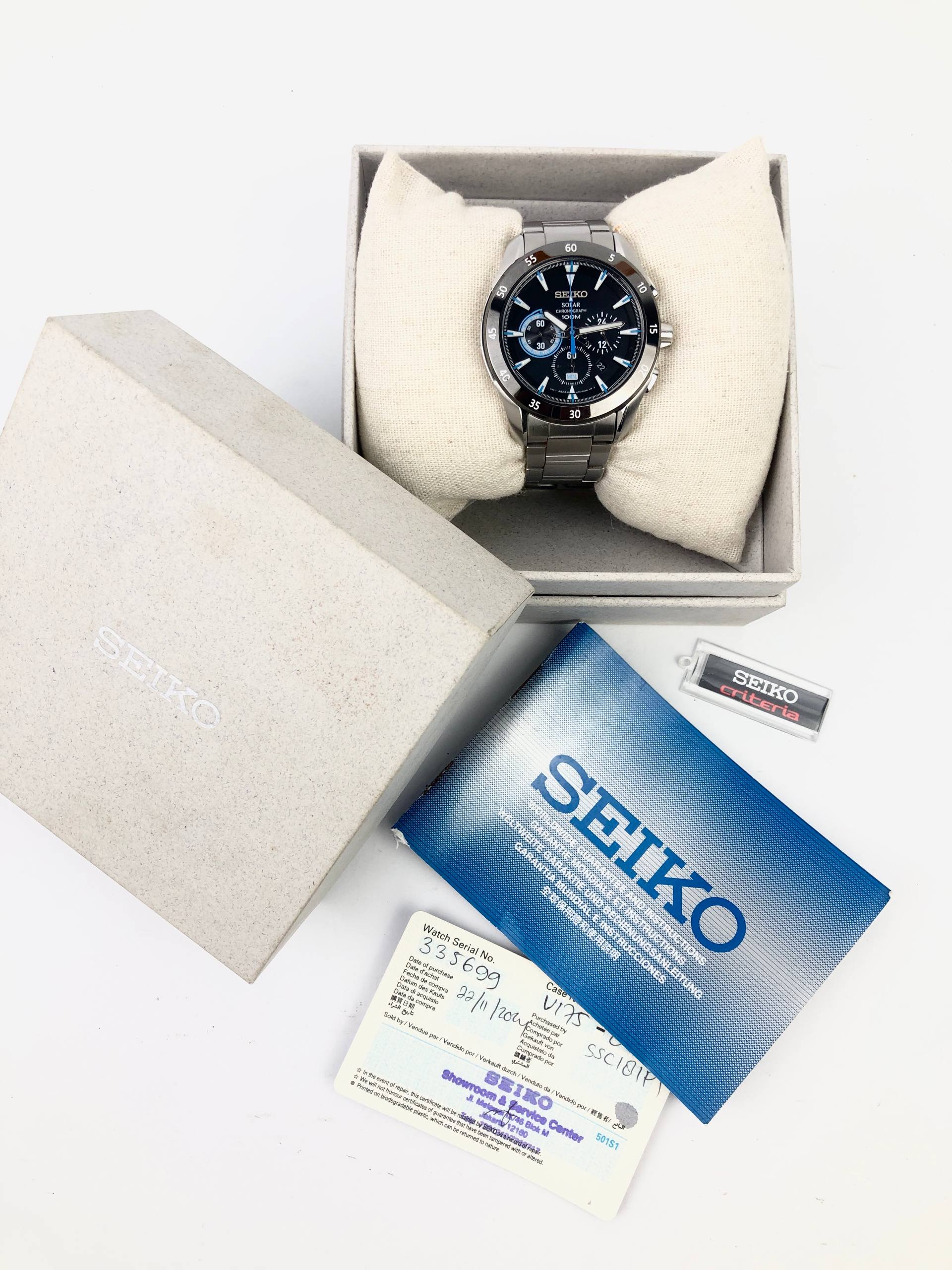SEIKO SOLAR CHRONOGRAPH SSCP181p1 SWIPE SECOND HAND ALL ORIGINAL