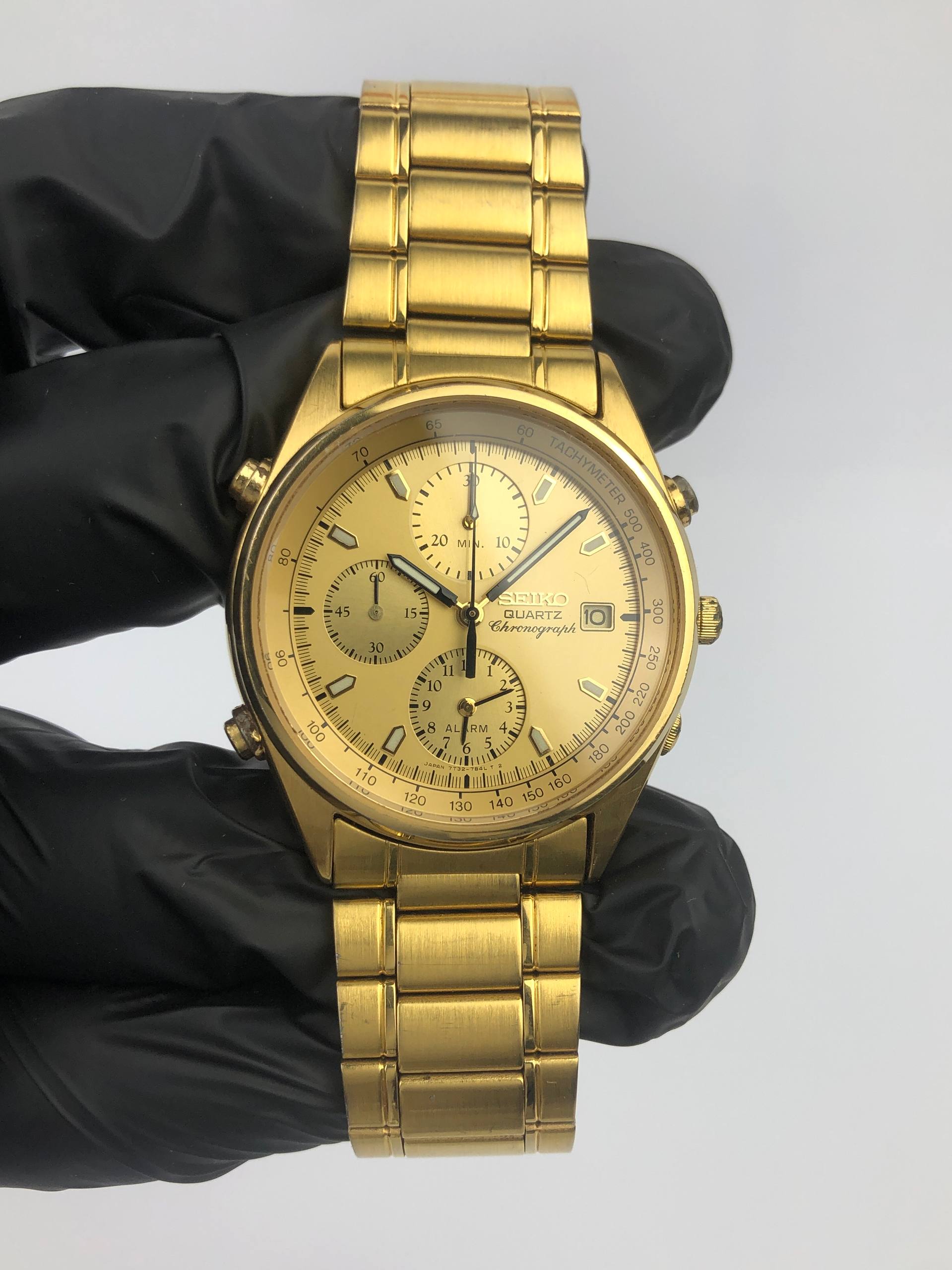 SEIKO ALARM CHRONOGRAPH SWIPE SECOND ALL GOLD TONE CASE - Gambar 2