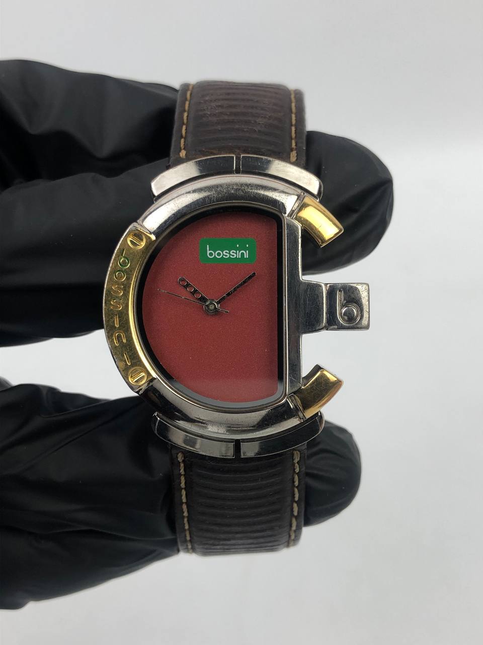 COLLECTIBLE BOSSINI Z GEAR SILVER GOLD TONE CASE MAROON DIAL - Gambar 2