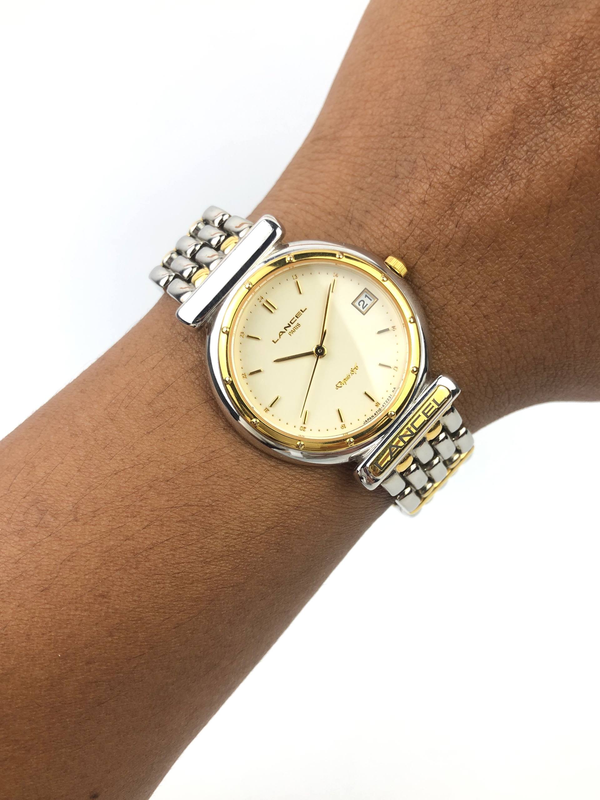 LANCEL PARIS SWISS QUARTZ TWO TONE DATE DRESS WATCH