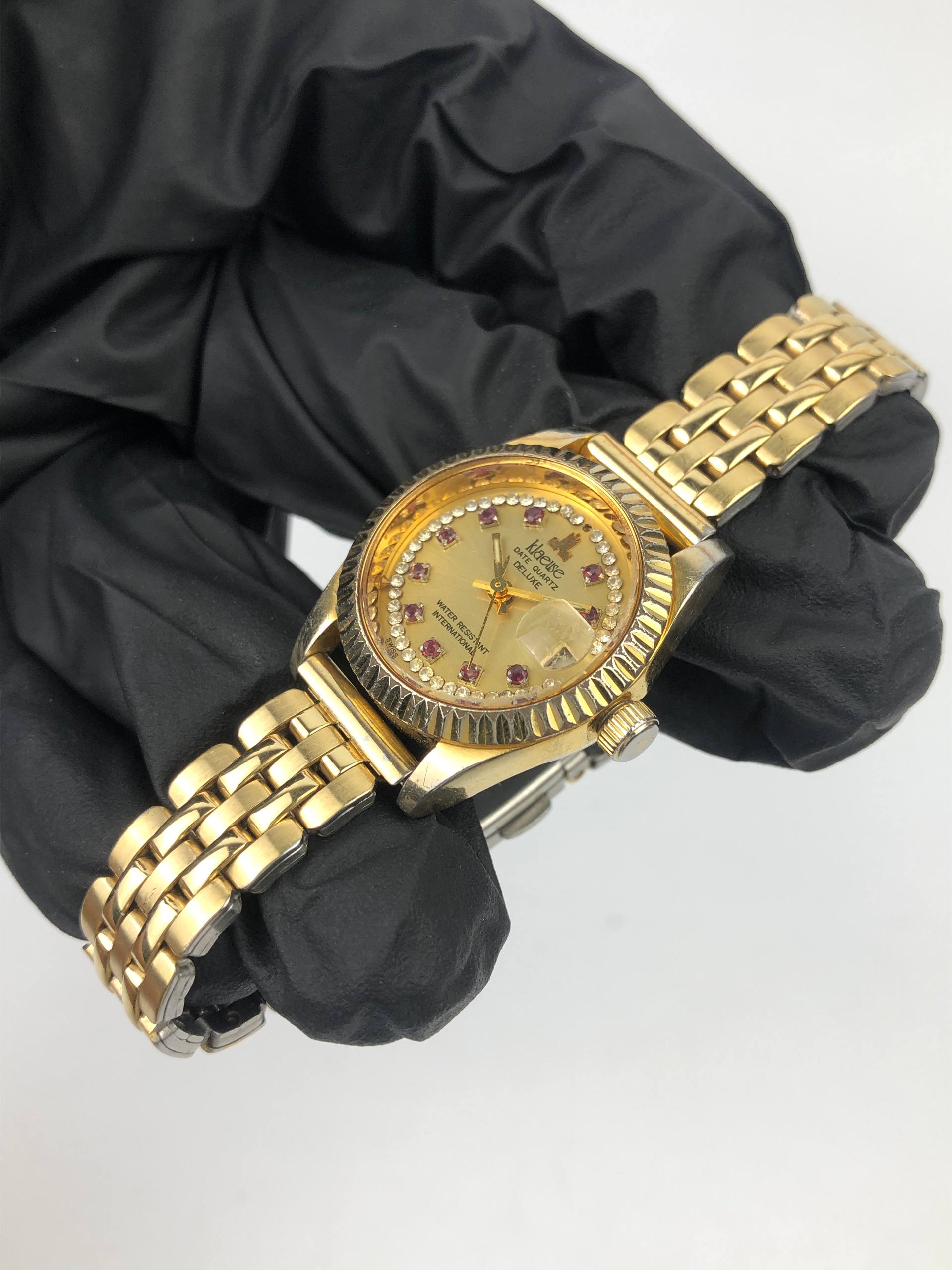 KLAUSE DATE DELUXE QUARTZ GOLD TONE FLUTED BEZEL - Gambar 3