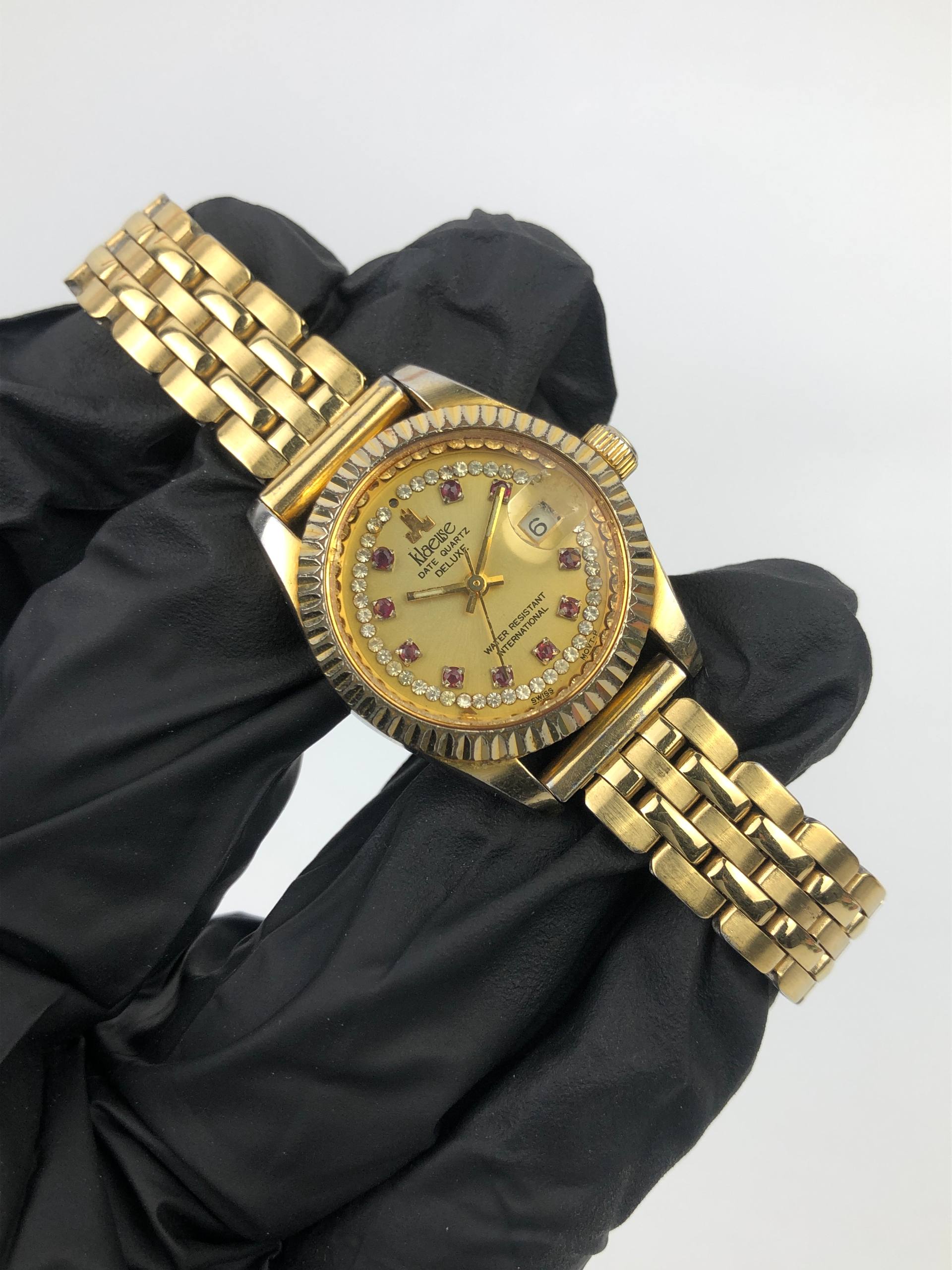 KLAUSE DATE DELUXE QUARTZ GOLD TONE FLUTED BEZEL - Gambar 4