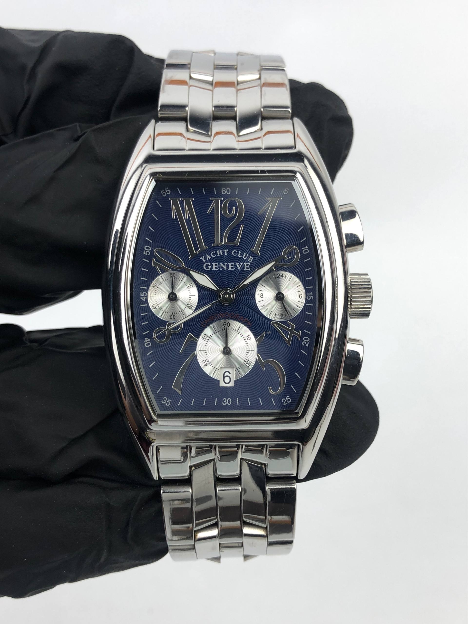 YATCH CLUB GENEVE CHRONOGRAPH TONNEAU CASE SEPPED BEZEL GUILOCHE BLUE DIAL - Gambar 2