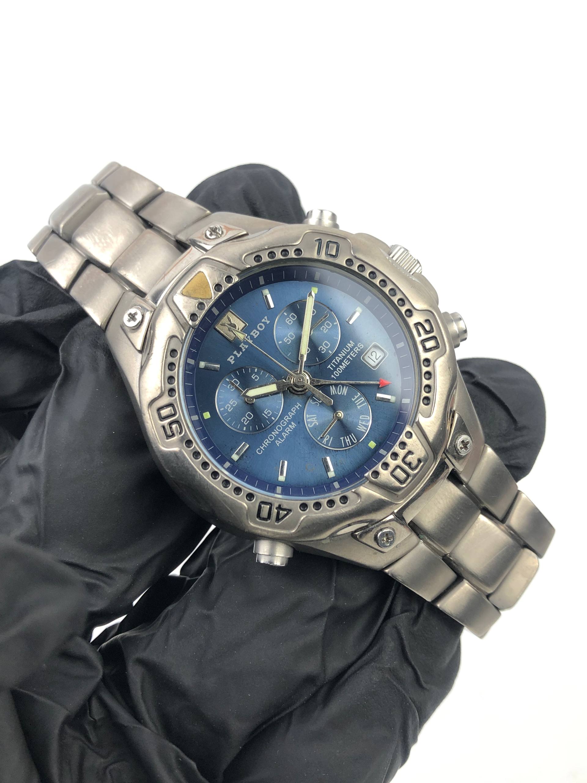 PLAYBOY TITANIUM ROUND BRACELET BLUE SUNBURST DIAL - Gambar 4