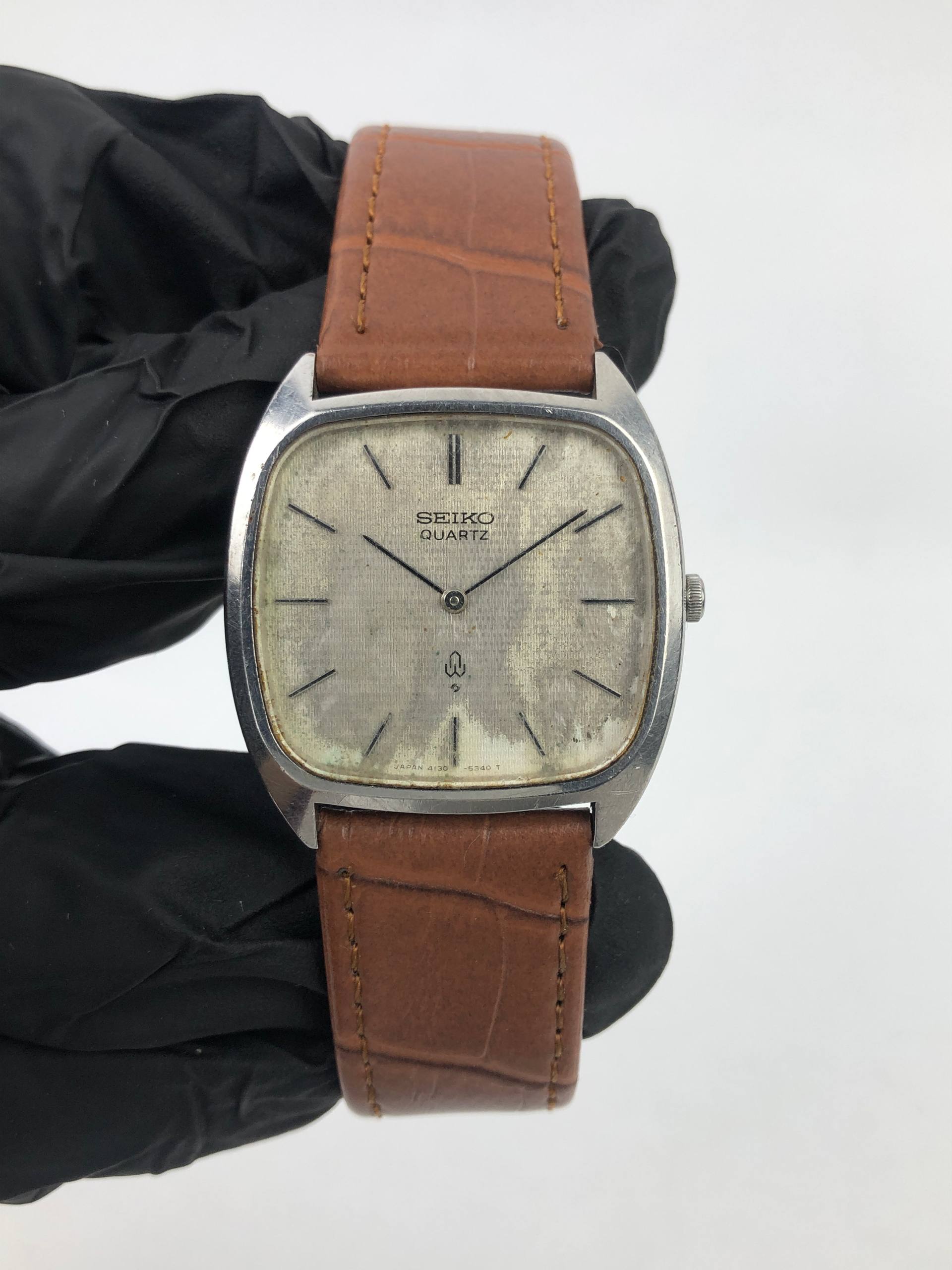 SEIKO QUARTZ CAL 4130VINTAGE TV SCREEN LINEN AGED DIAL JAPAN - Gambar 2