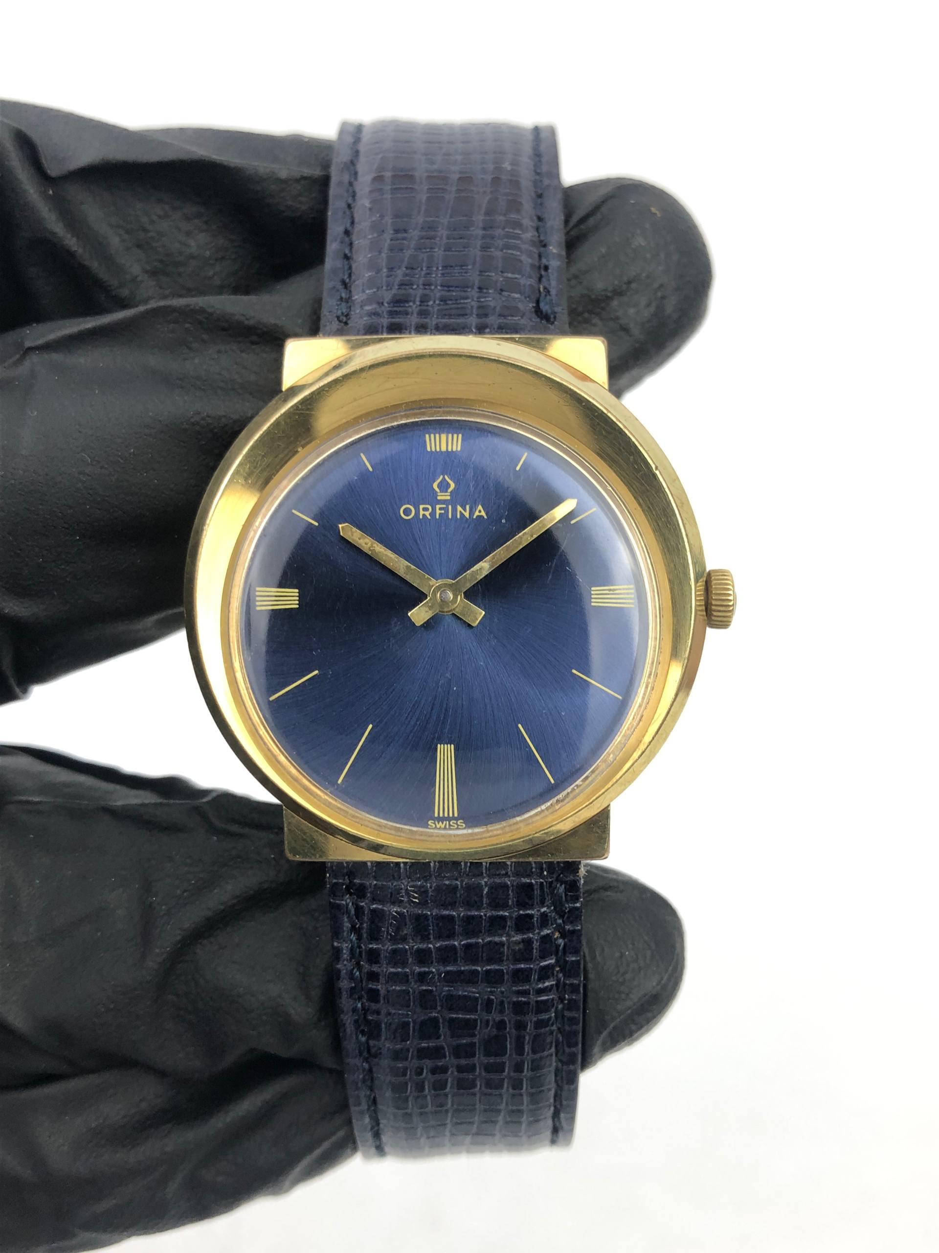 ORFINA SWISS VINTAGE BLUE SUNBURST DIAL GOLD DRESS WATCH - Gambar 2