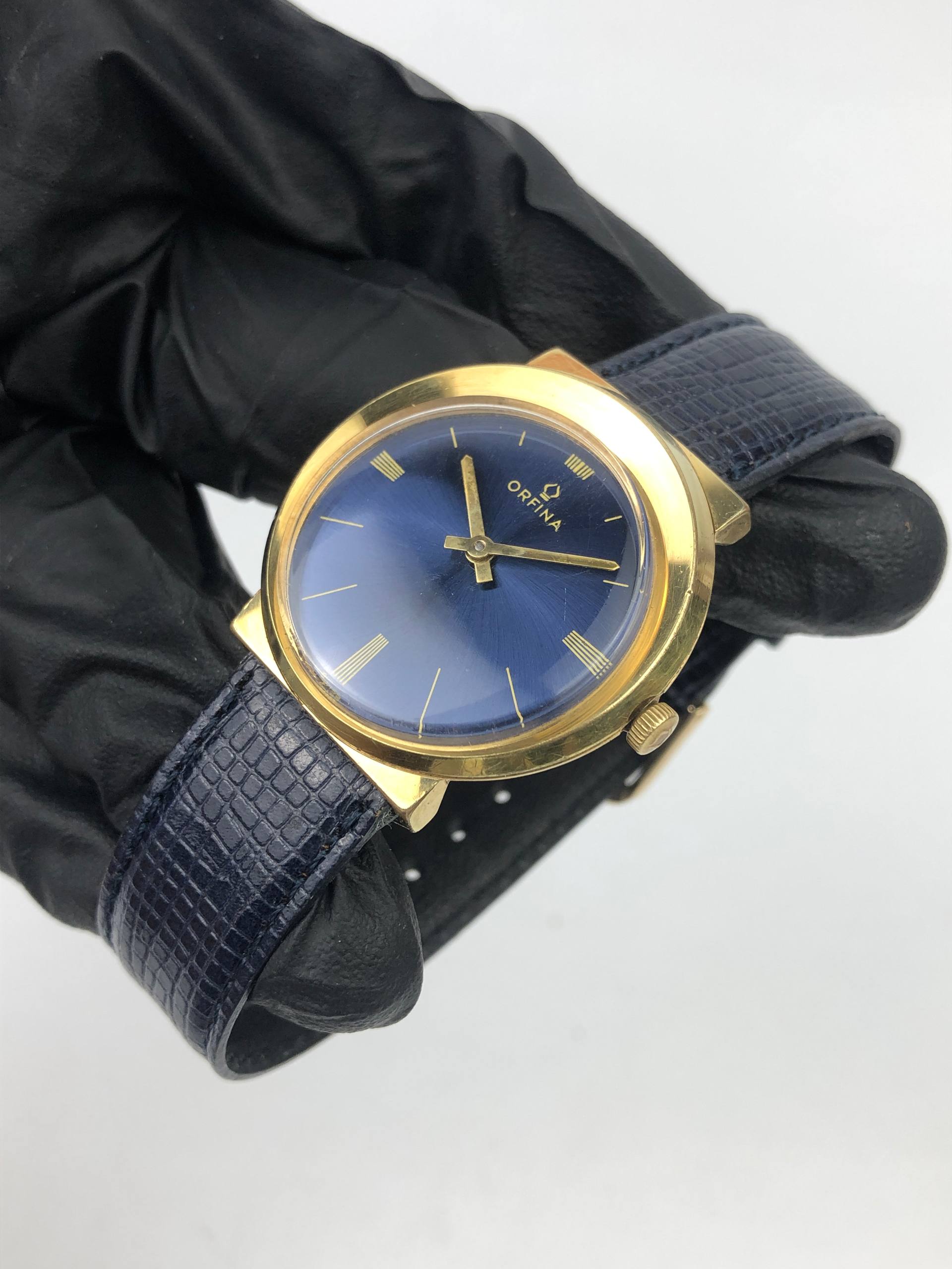ORFINA SWISS VINTAGE BLUE SUNBURST DIAL GOLD DRESS WATCH - Gambar 3