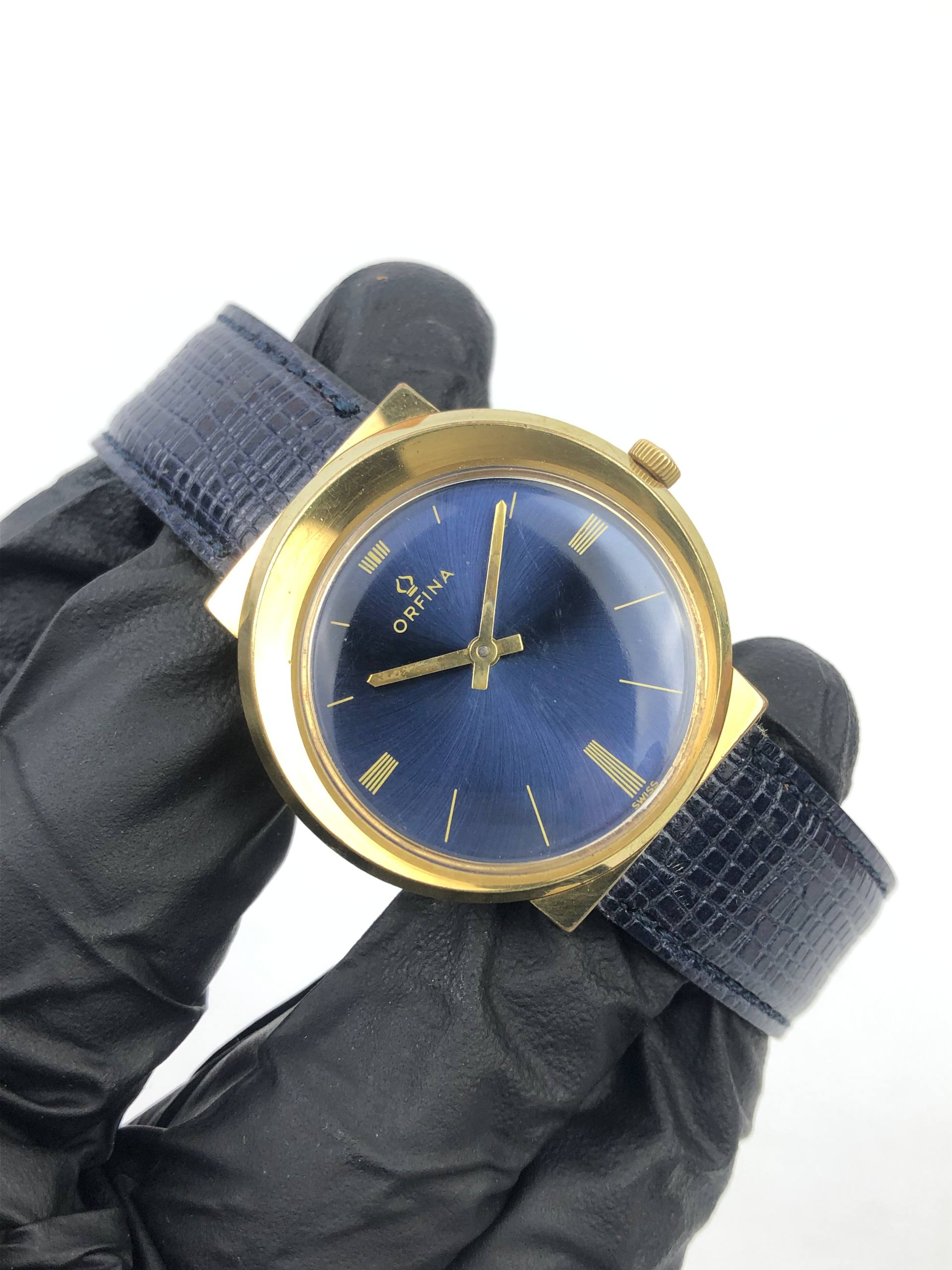 ORFINA SWISS VINTAGE BLUE SUNBURST DIAL GOLD DRESS WATCH - Gambar 4