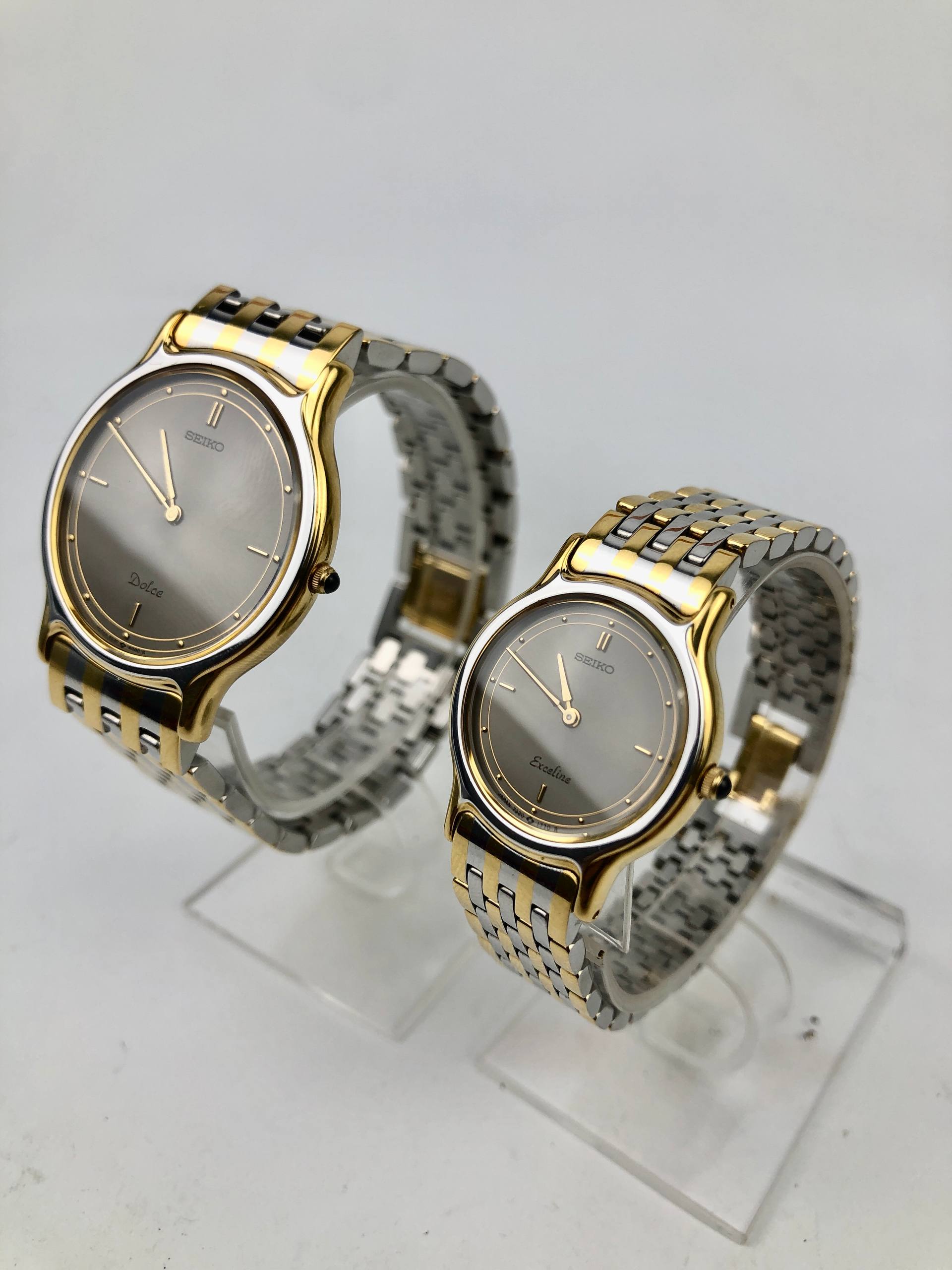 COUPLE SET SEIKO DOLCE CAL. 9530 & EXCELINE CAL. 7320 GREY SUNBURST DIAL TWO TONE