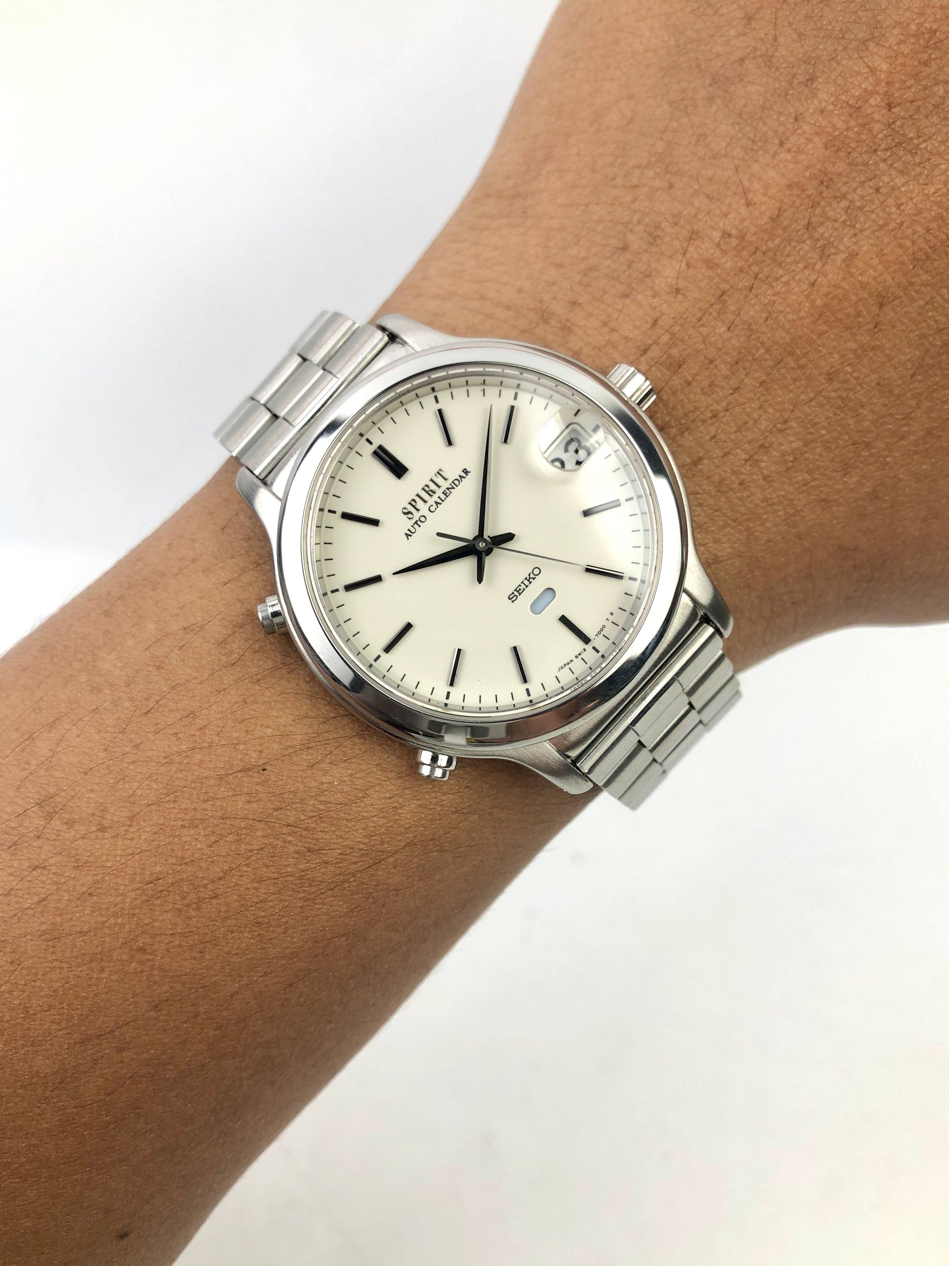 RARE SEIKO SPIRIT AUTO CALENDAR 6M12-7000 JDM QUARTZ IVORY DIAL BIG DATE