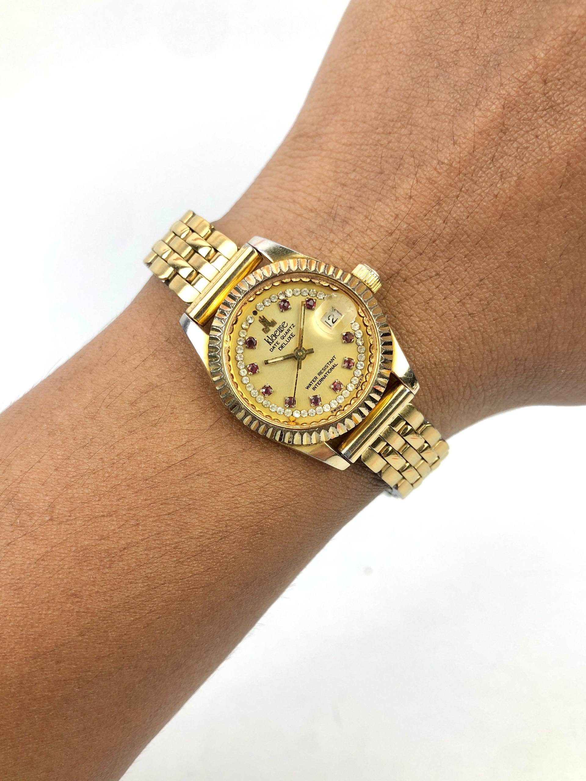 KLAUSE DATE DELUXE QUARTZ GOLD TONE FLUTED BEZEL