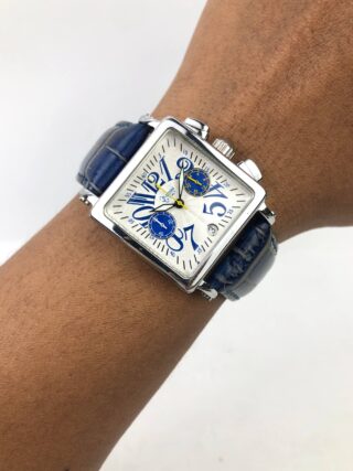 COGU ITALY SQUARE CHRONOGRAPH GUILOCHE DIAL BLUE ARABIC DATE