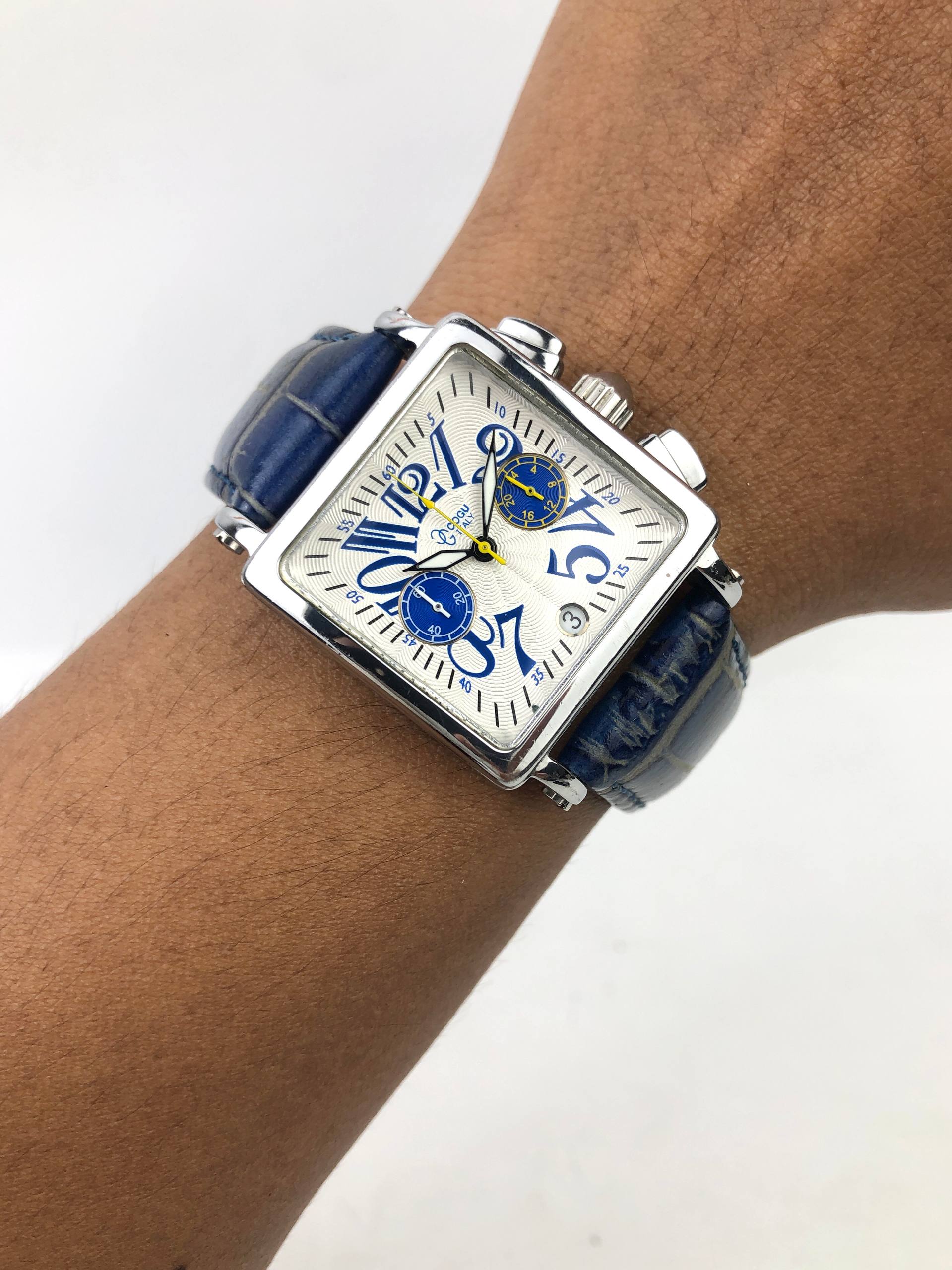 COGU ITALY SQUARE CHRONOGRAPH GUILOCHE DIAL BLUE ARABIC DATE