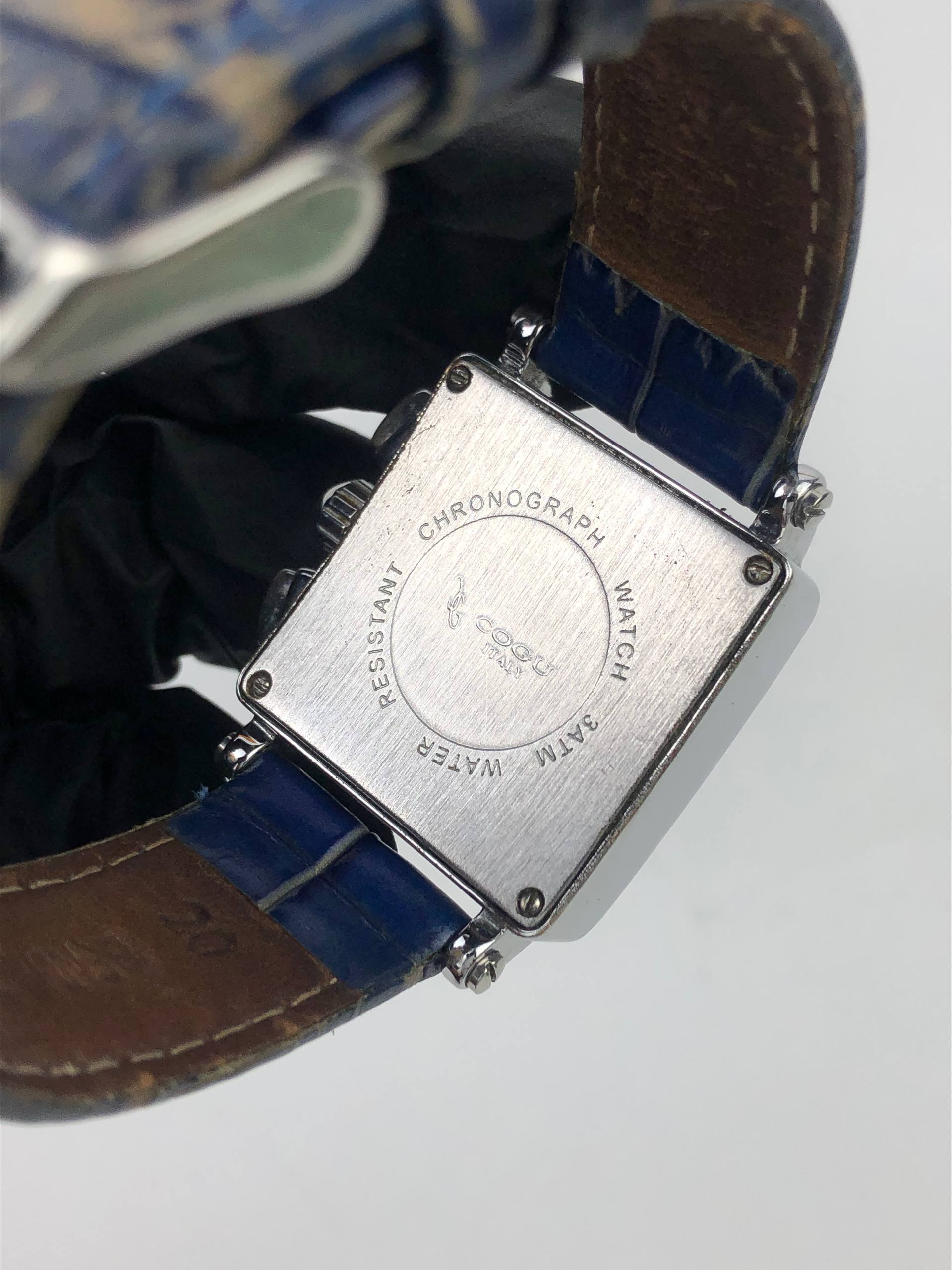 COGU ITALY SQUARE CHRONOGRAPH GUILOCHE DIAL BLUE ARABIC DATE - Gambar 7
