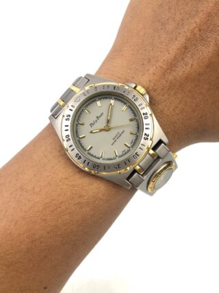 PHILIP PERSIO DUAL TIME JAPAN QUARTZ SILVER GUILLOCHÉ DIAL TWO TONE