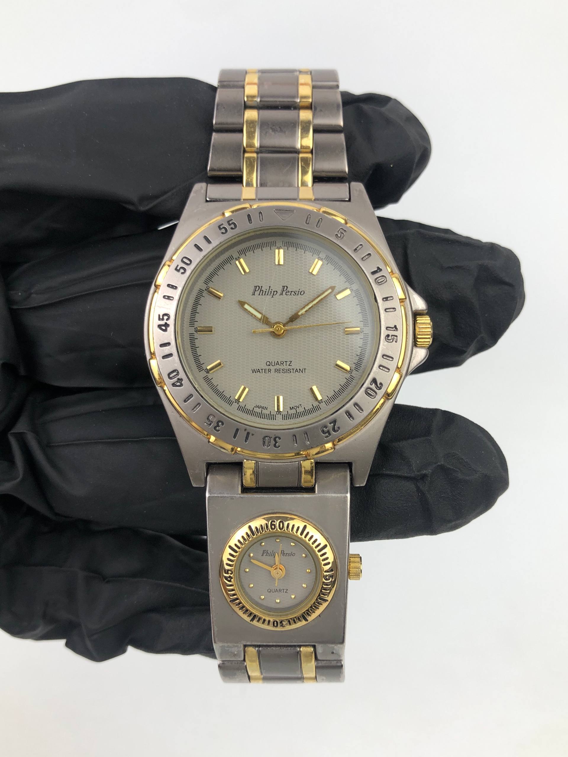PHILIP PERSIO DUAL TIME JAPAN QUARTZ SILVER GUILLOCHÉ DIAL TWO TONE - Gambar 2