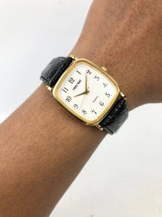 FREE WAY QUARTZ CLASSIC RECTANGULAR GOLD TONE WHITE DIAL DRESS WATCH