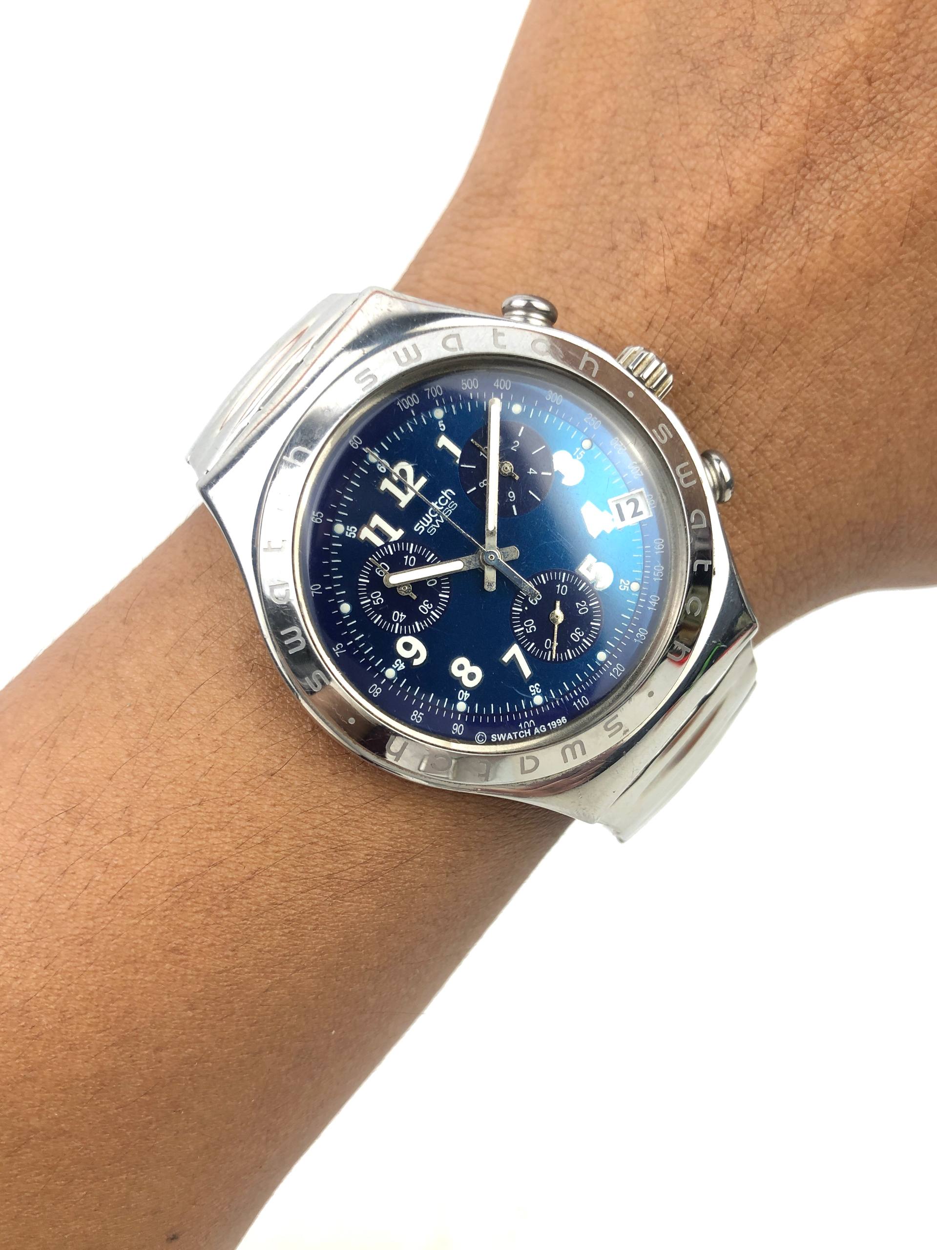 SWATCH IRONY CHRONOGRAPH BLUE DIAL DATE STAINLESS STEEL ORIGINAL SWISS MADE