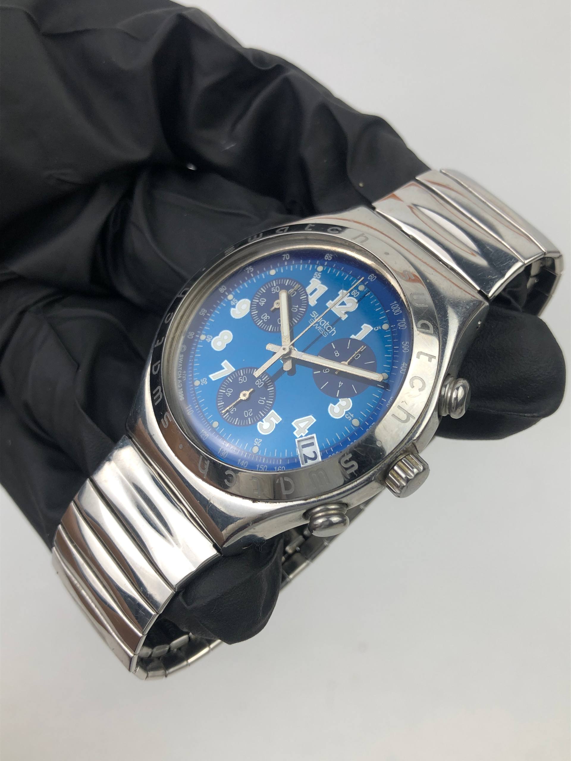 SWATCH IRONY CHRONOGRAPH BLUE DIAL DATE STAINLESS STEEL ORIGINAL SWISS MADE - Gambar 3