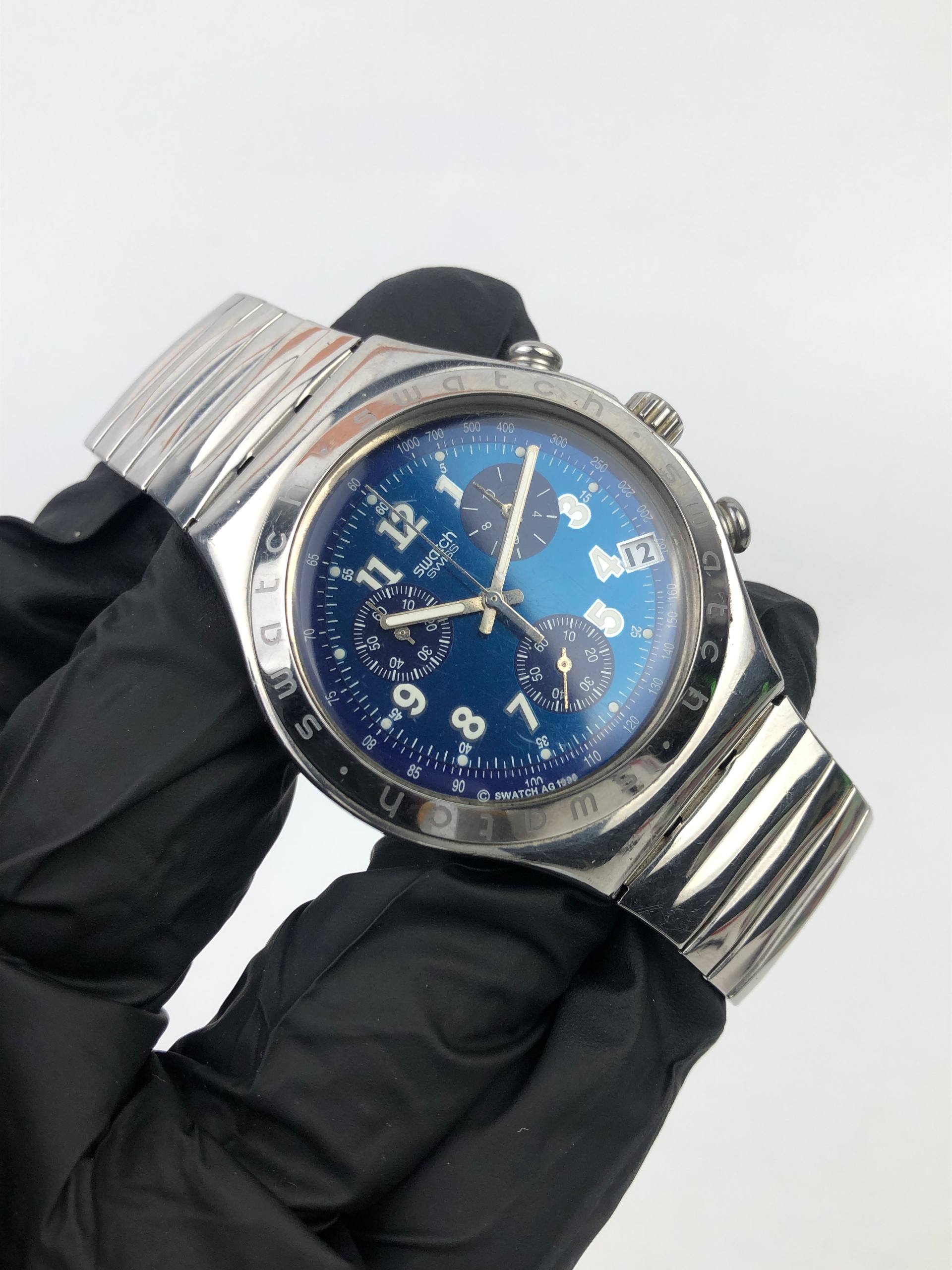 SWATCH IRONY CHRONOGRAPH BLUE DIAL DATE STAINLESS STEEL ORIGINAL SWISS MADE - Gambar 4