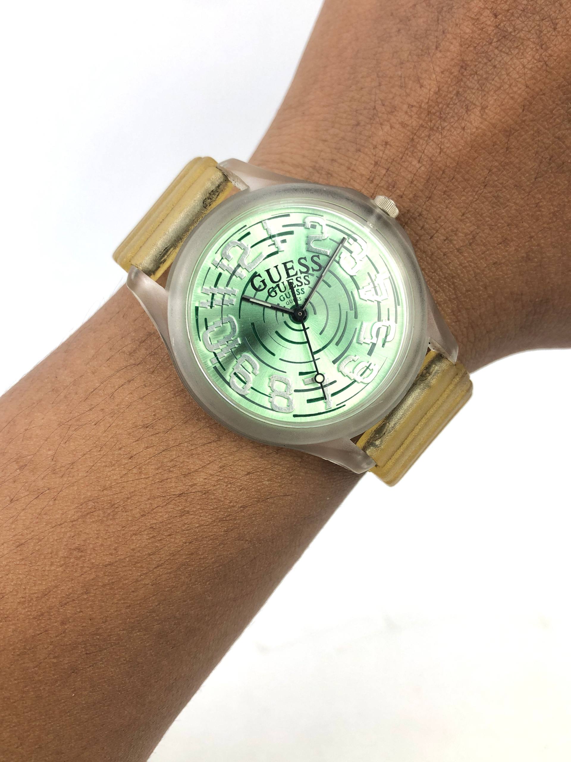 GUESS QUARTZ GREEN FACE CLEAR BAND ORIGINAL