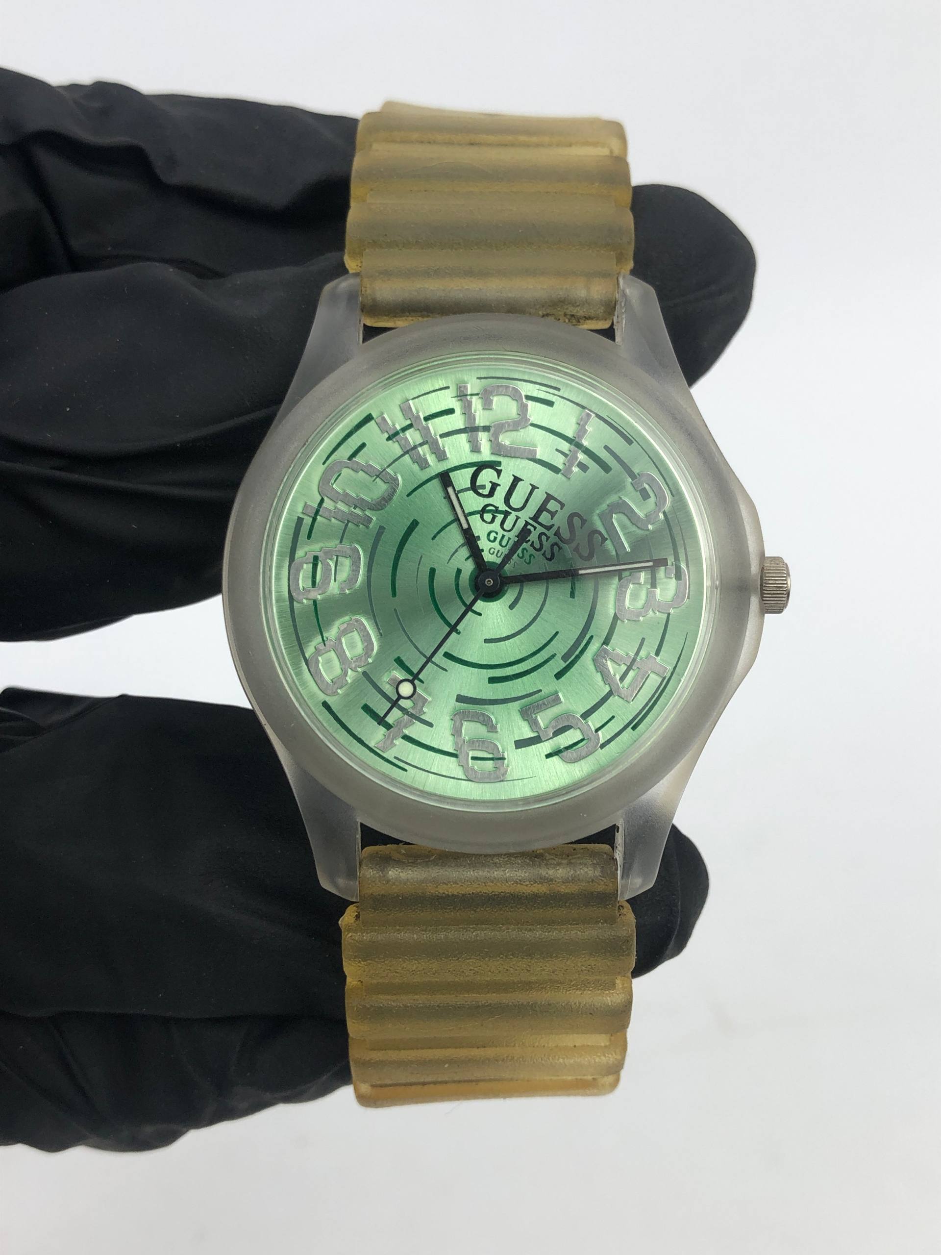 GUESS QUARTZ GREEN FACE CLEAR BAND ORIGINAL - Gambar 2