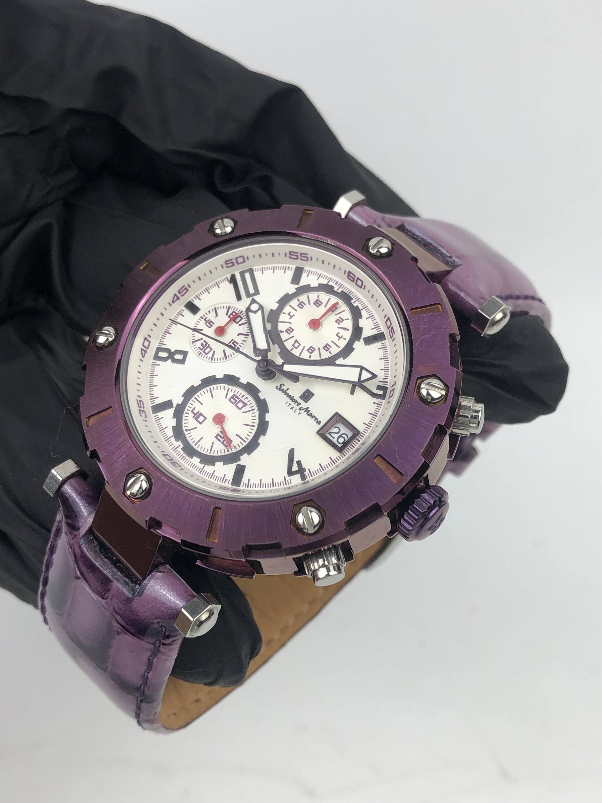 SALVATORE MARRA ITALY SM-15115-1 CHRONOGRAF PURPLE CASE ALL ORIGINAL - Gambar 3