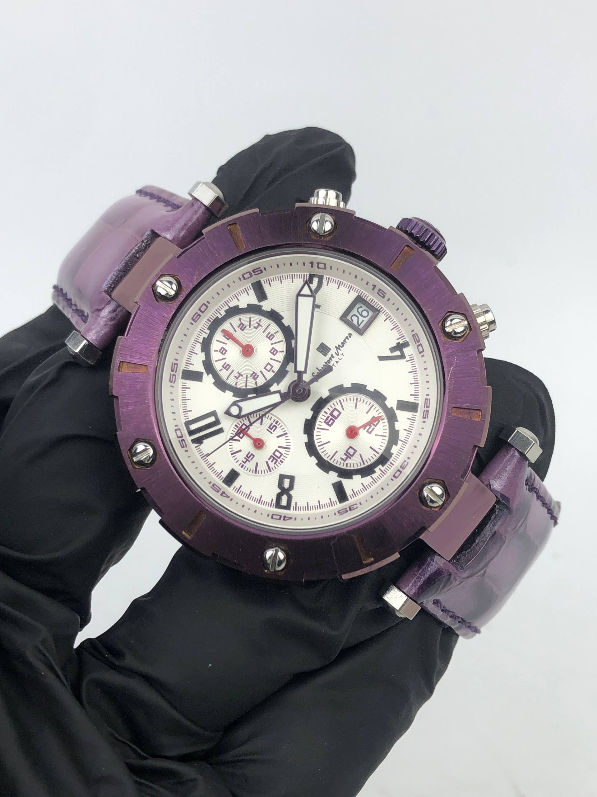 SALVATORE MARRA ITALY SM-15115-1 CHRONOGRAF PURPLE CASE ALL ORIGINAL - Gambar 4