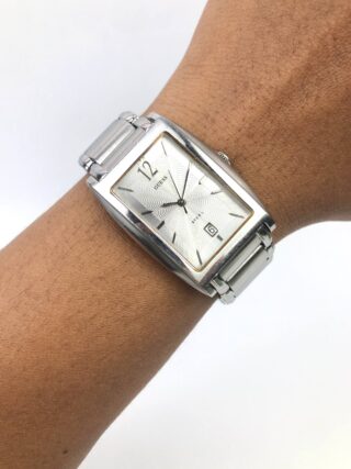 GUESS STEEL RECTANGULAR SILVER GUILLOCHE DIAL DATE QUARTZ WATCH