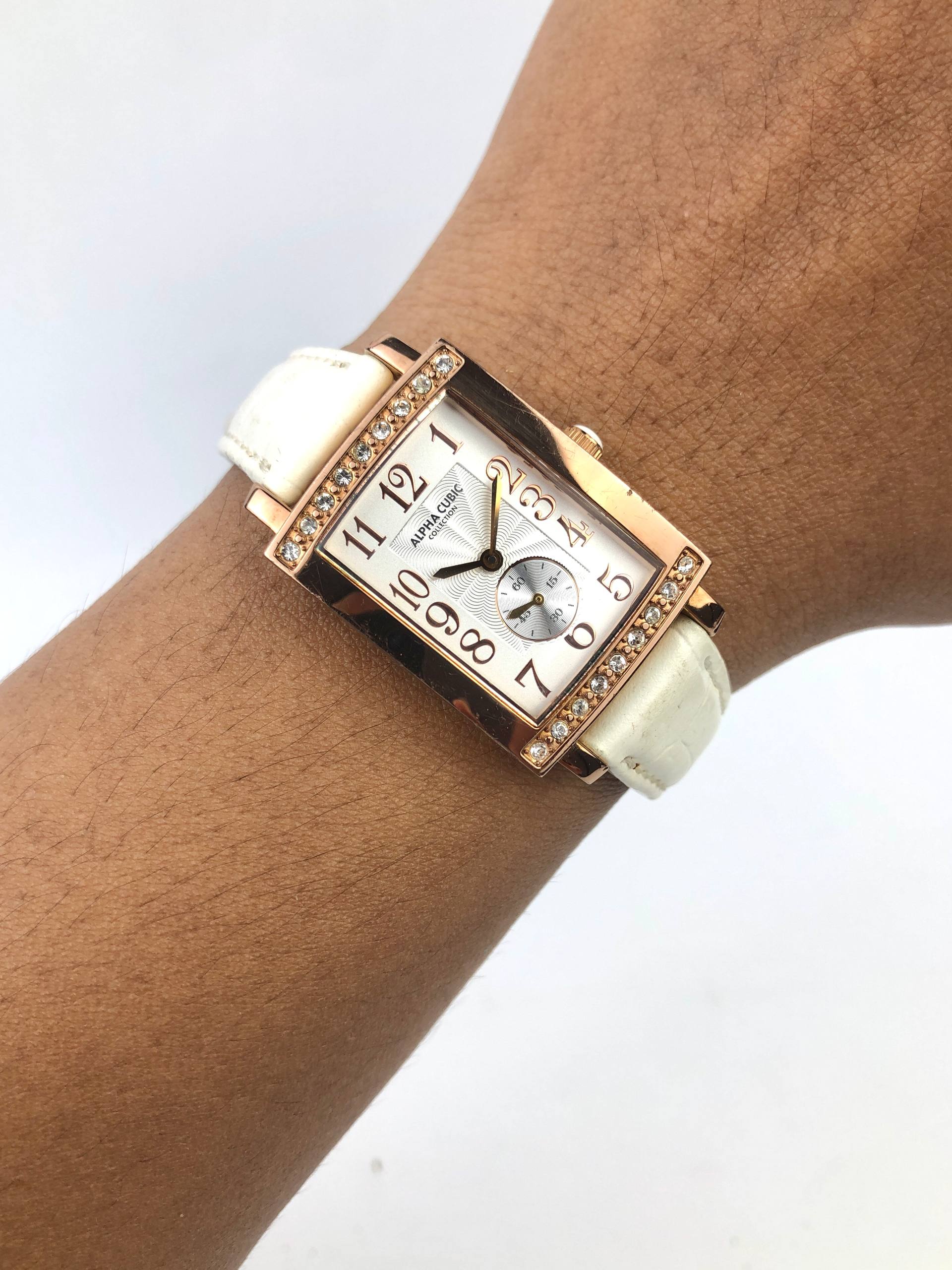 ALPHA CUBIC NOEVIR TANK QUARTZ SMALL SECOND ROSE GOLD DRESS WATCH JAPAN