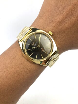 KENZ CRYSTAL 17 JEWELS SWISS MOVT VINTAGE DRESS WATCH GOLD BLACK ORIGINAL