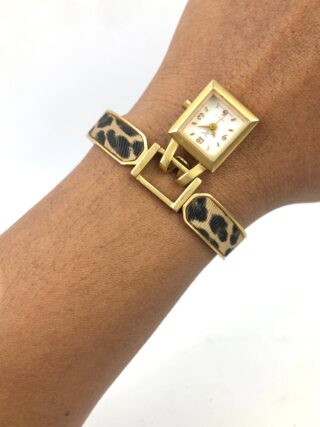 VINTAGE GOLD TONE CUFF BRACELET WATCH LEOPARD PATTERN LADIES QUARTZ