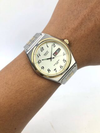 MAX QUARTZ DAY DATE TWO TONE TV CASE WHITE DIAL JAPAN QUARTZ ORIGINAL