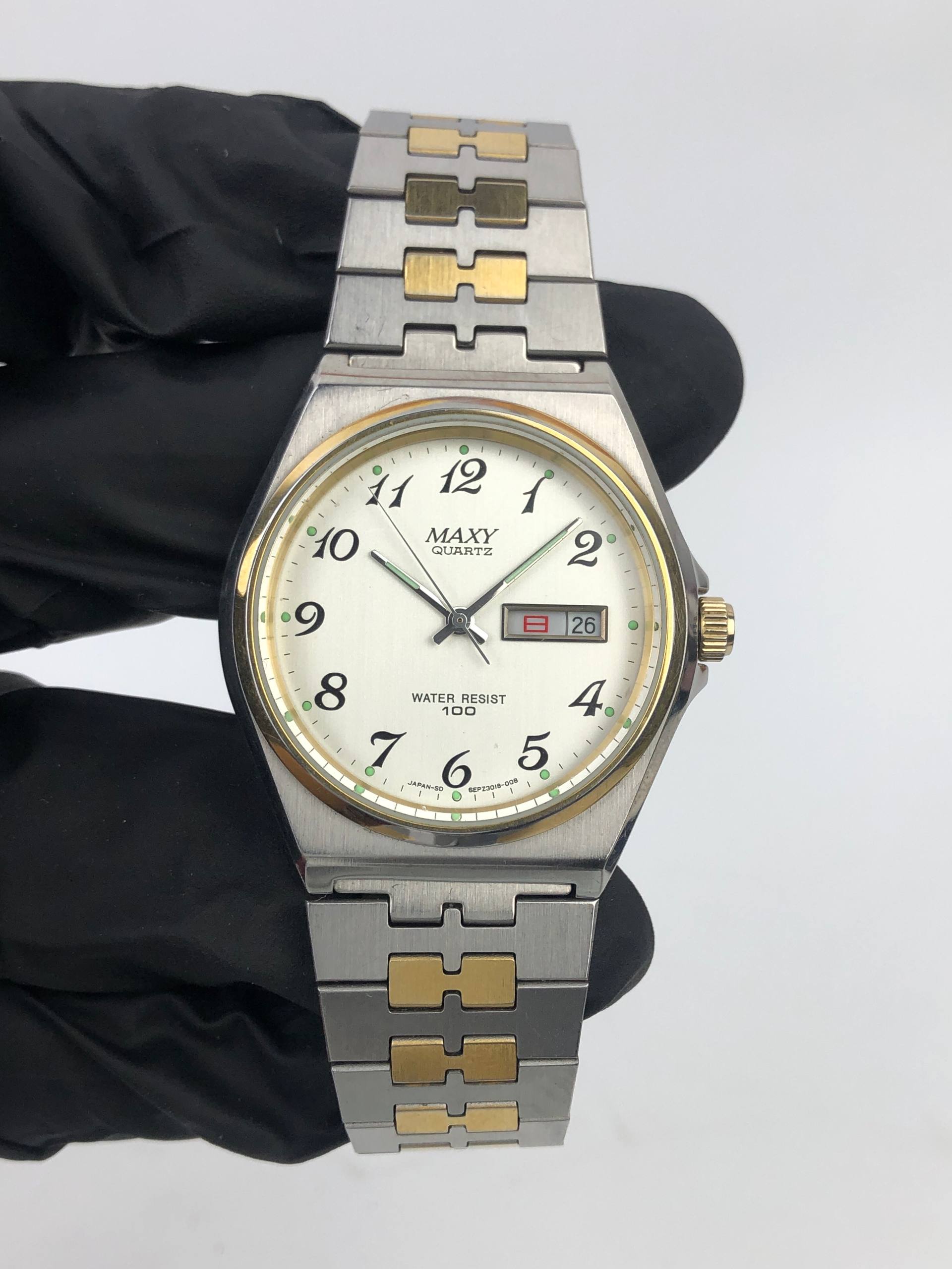 MAX QUARTZ DAY DATE TWO TONE TV CASE WHITE DIAL JAPAN QUARTZ ORIGINAL - Gambar 2