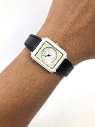 ALBA Y59-0060 JAPAN QUARTZ RECTANGULAR WHITE DIAL GOLD ACCENT LADIES WATCH